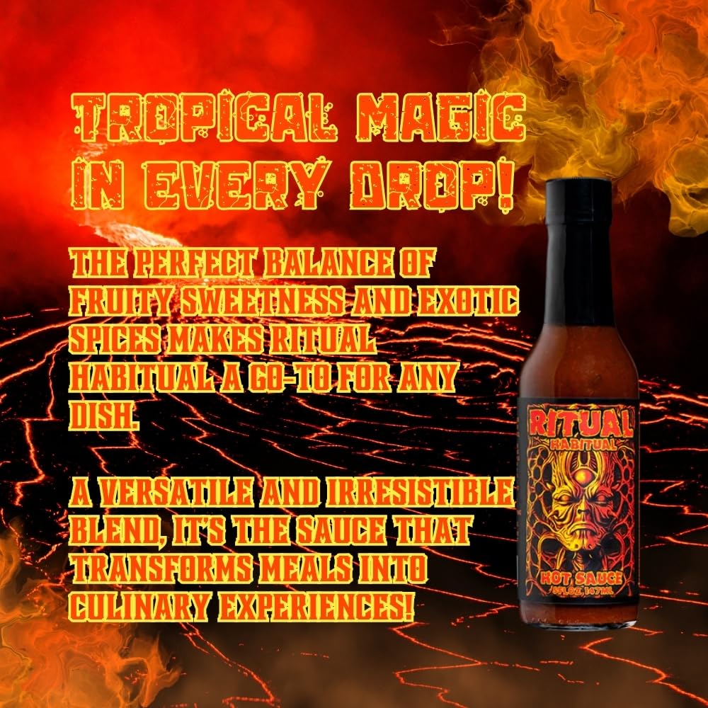 Hellfire Hot Sauce Ritual Habitual - Fruit-Based Gourmet Hot Sauce With Tropical Flavors and Curry, 5 oz.