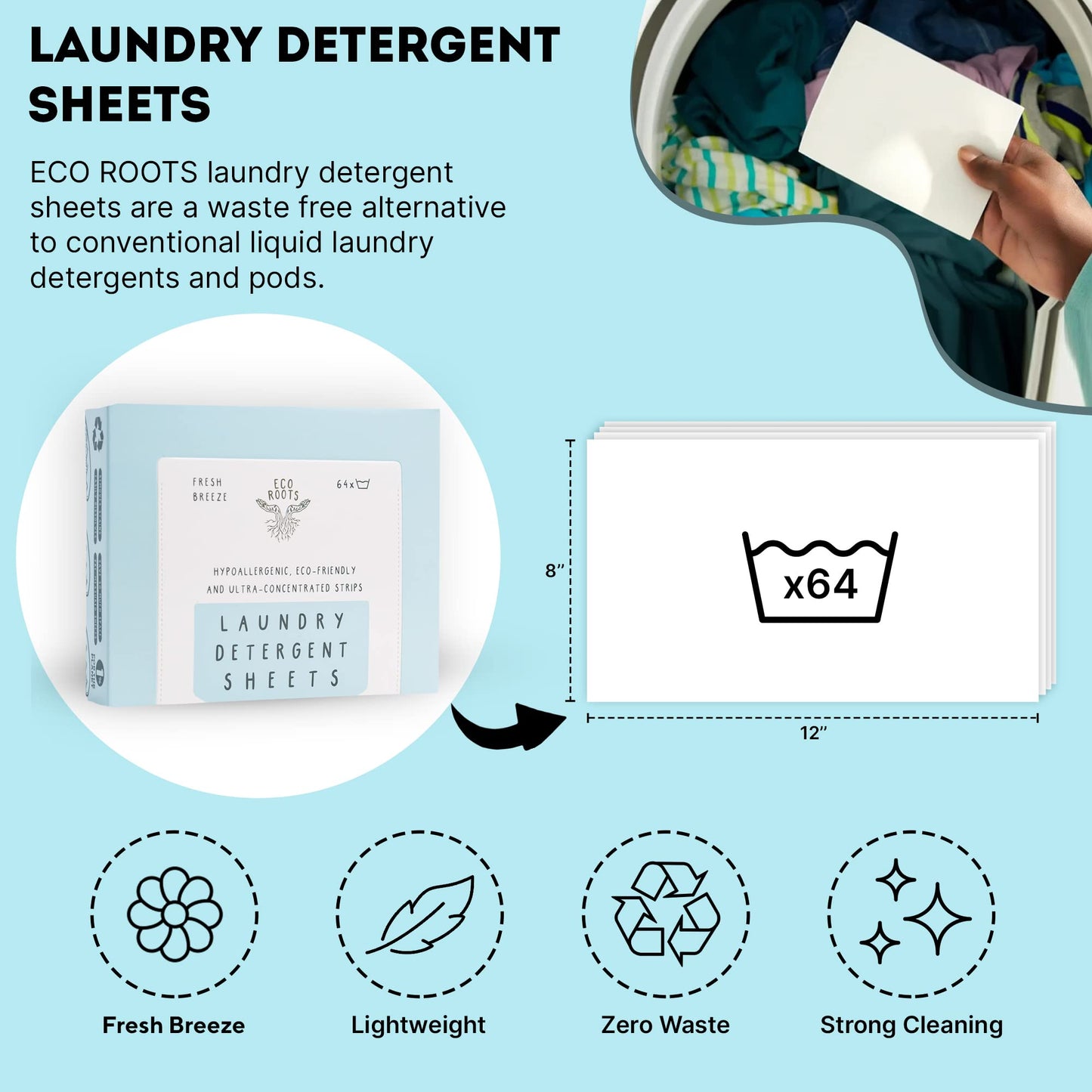 Eco Roots Laundry Detergent Sheets - 64 Loads Eco-Friendly Fresh Breeze Laundry Sheets, Travel Size, Biodegradable & Hypoallergenic - Zero-Waste