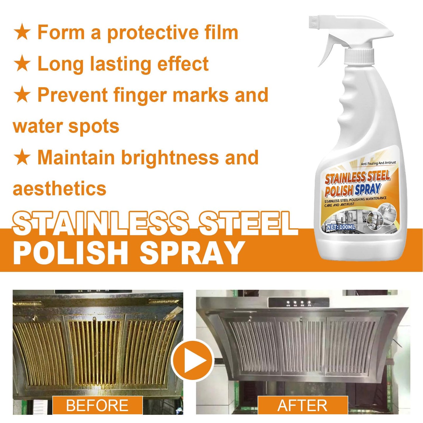 Stainless Steel Polish, Restore Multi-Surfaces, Grill Cleaner Spray, 100ml Powerful Pot Grease Stain Remover, Sink Cleaner, Black Scale & Rust Remover