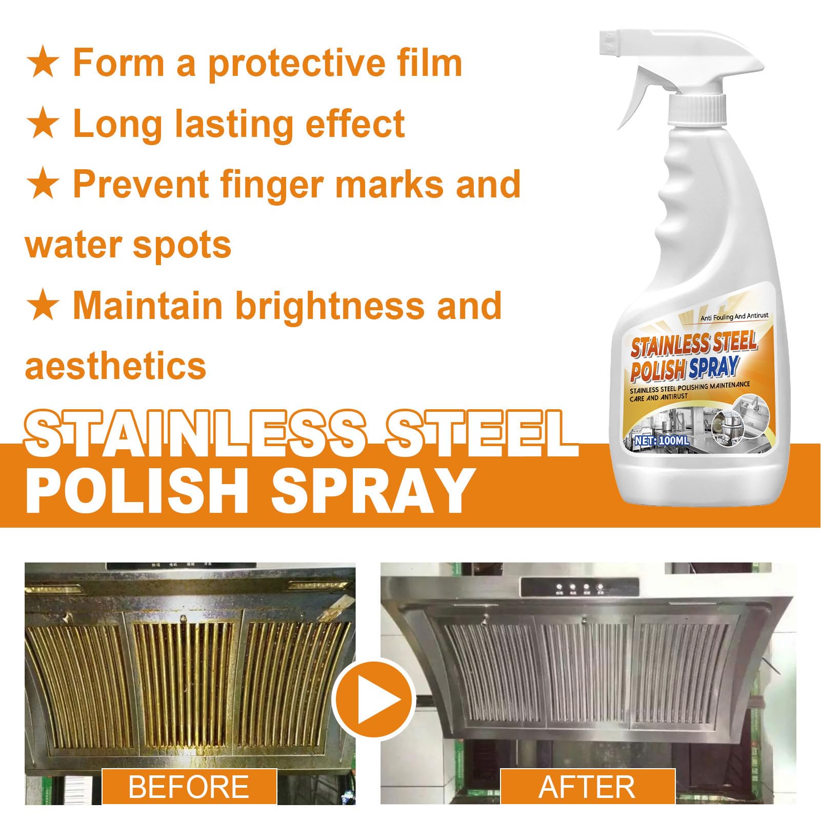 Stainless Steel Polish, Restore Multi-Surfaces, Grill Cleaner Spray, 100ml Powerful Pot Grease Stain Remover, Sink Cleaner, Black Scale & Rust Remover