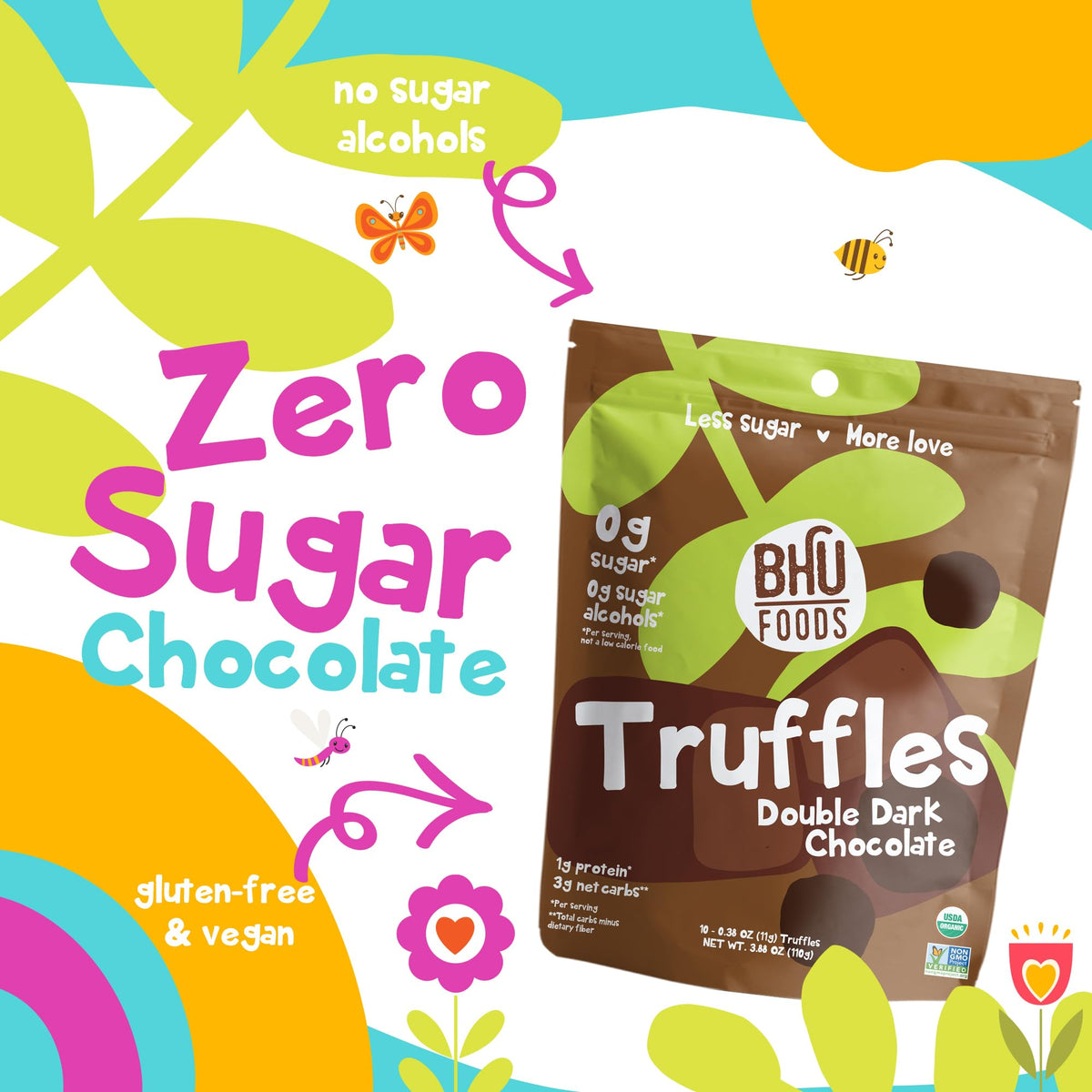 BHU FOODS Keto Fat Bombs, Organic, Vegan, Low Carb Sugar Free, Decadent Candy made with Clean Ingredients, Double Dark Chocolate Truffles (2 Bags)