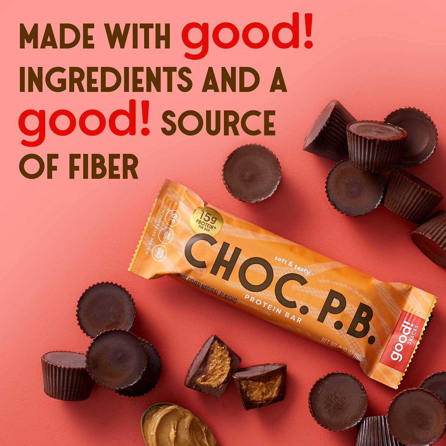 good! Snacks Chocolate Peanut Butter Vegan Protein Bar, Soy & Gluten Free, Plant Based, Low Sugar, 15g Clean Protein, Natural Healthy Snack, Kosher