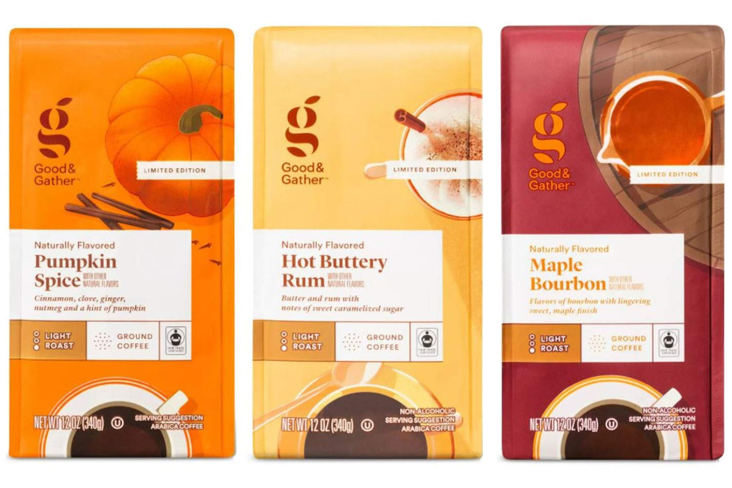 Good & Gather Fall Seasonal Ground Coffee Variety Pack - Pumpkin Spice, Hot Buttery Rum, Maple Bourbon - Pack of 3 Bags - 12 oz Per Bag - Limited