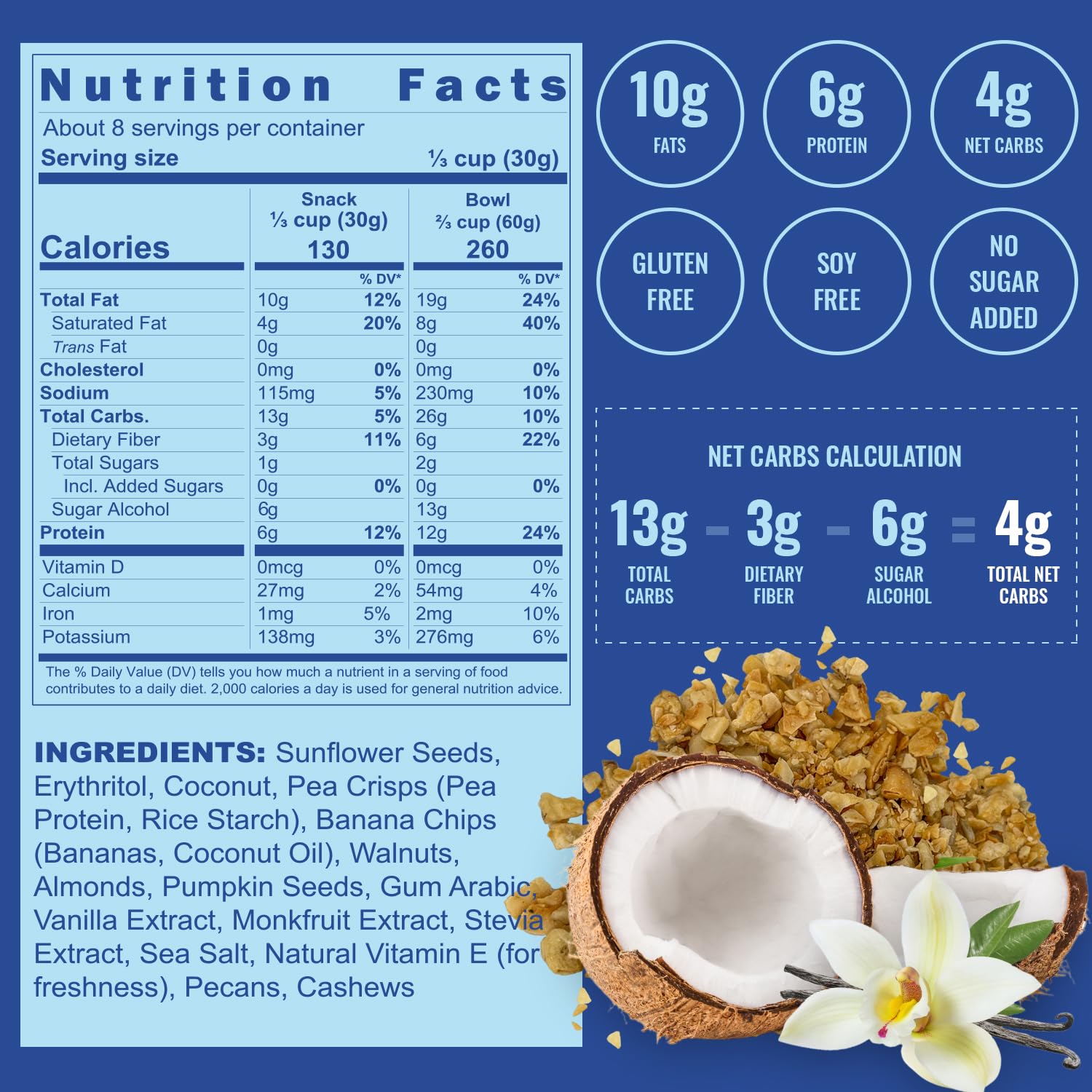 Inrive Keto High-Protein Gluten-Free Granola (Coconut Vanilla Crunch) Non-GMO, No Sugar Added, Vegan, Kosher, Soy-Free, 8oz, 3-pack