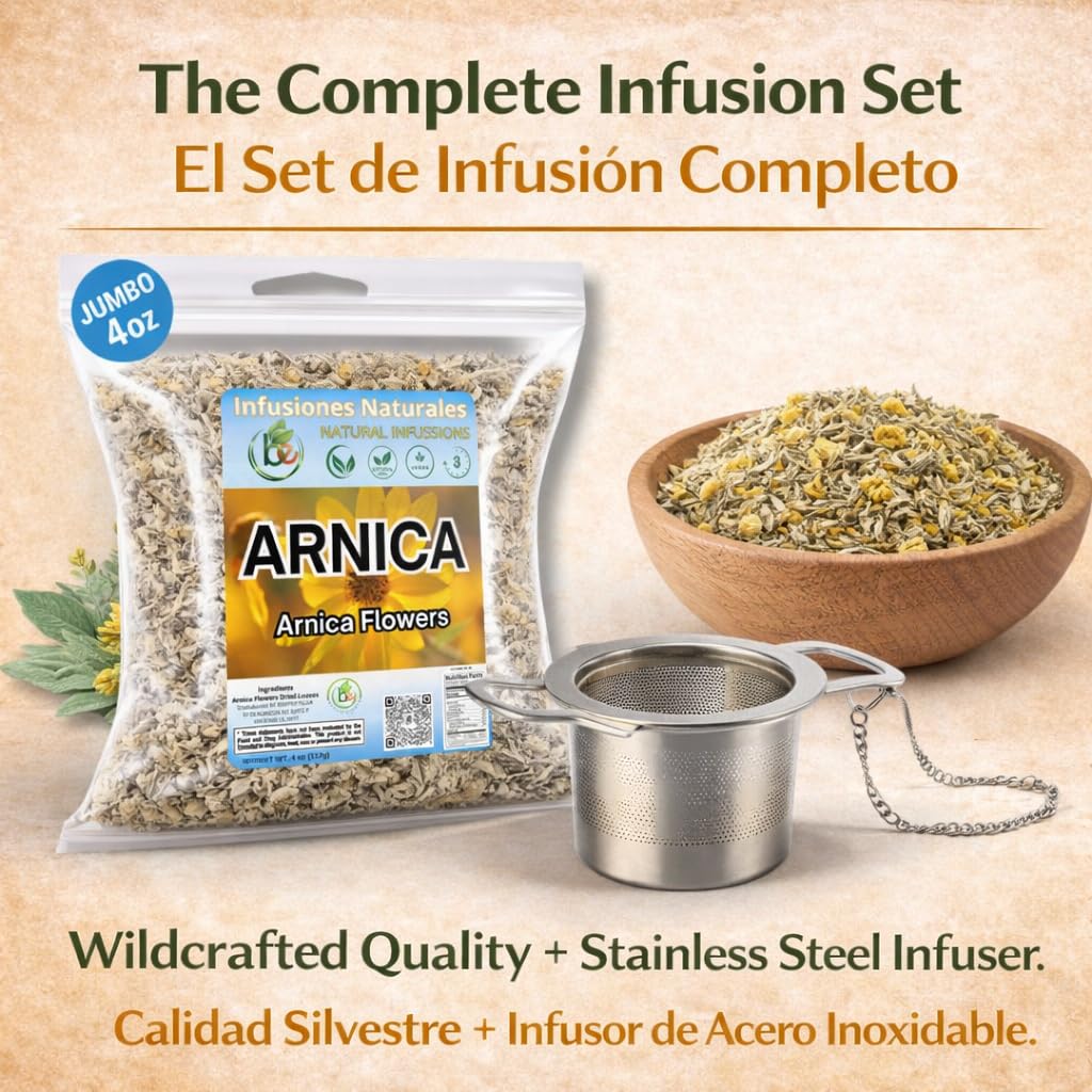 Arnica Flor Herbal Tea - 4 oz (113g) Loose Leaf + Stainless Steel Tea Infuser - 100% Natural - Caffeine-Free, Non-GMO, Gluten-Free, Vegan