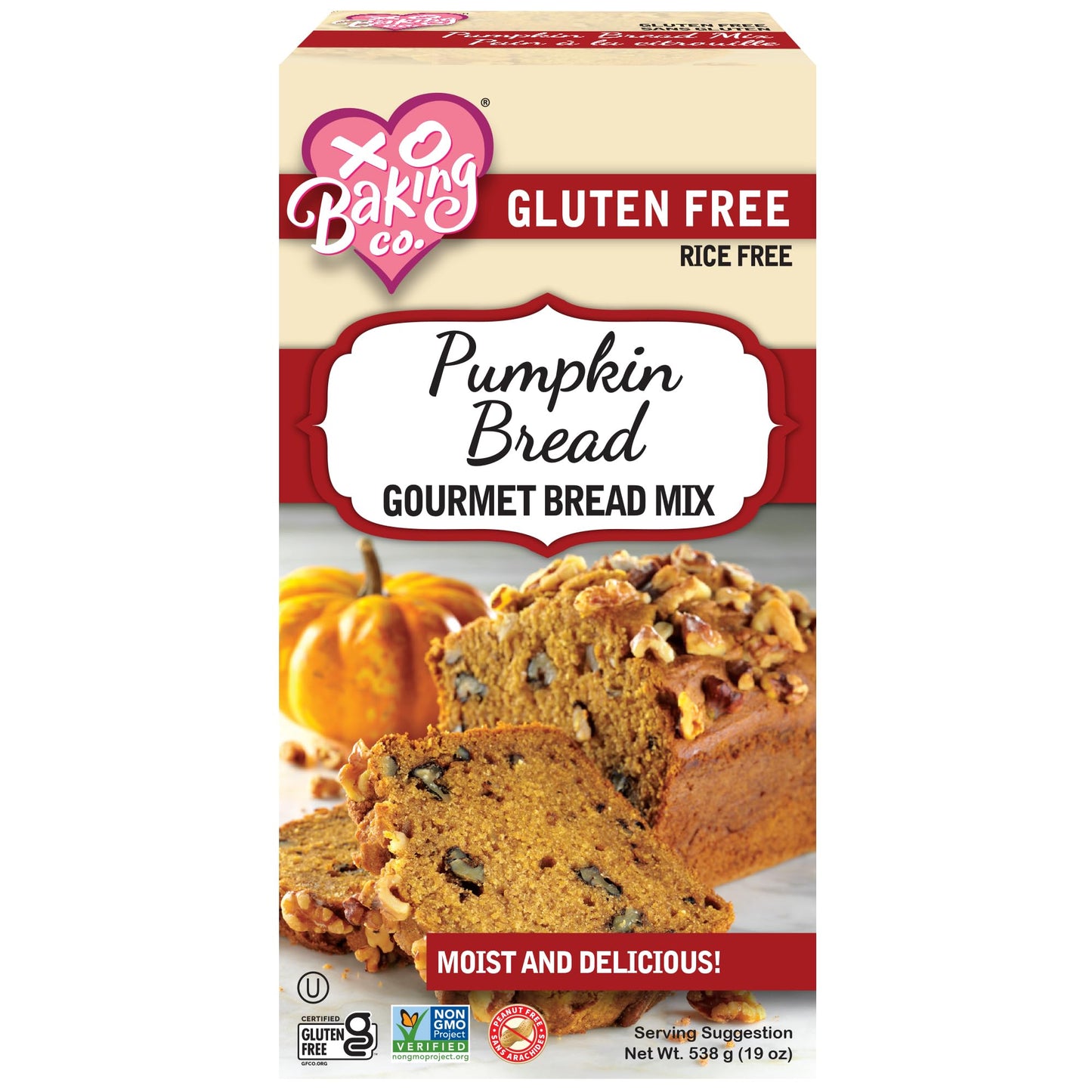 XO Baking Co. Gluten Free Gourmet Pumpkin Bread Mix; Non GMO; Kosher; Rice Free; Dairy Free, Peanut Free; Soy Free, No Preservatives; No Artificial Flavors or Colors, 19oz