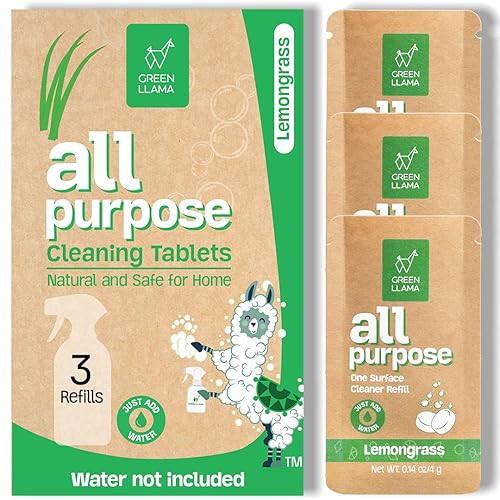 Green Llama Eco-Friendly and Sustainable All-Purpose Refill Tablets | 3-Pack | Lemon Grass Scent | Natural Cleaning Solution for Home with Certified
