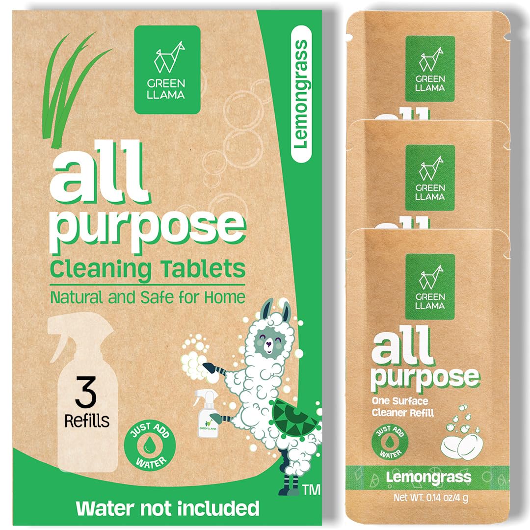 Green Llama Eco-Friendly and Sustainable All-Purpose Refill Tablets | 3-Pack | Lemon Grass Scent | Natural Cleaning Solution for Home with Certified