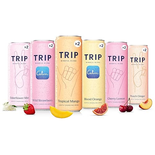 TRIP Lightly Sparkling Adaptogen Seltzer, Non-Alcoholic Mocktail with Magnesium, Ashwagandha, Lions Mane & L Theanine, No Added Sugar, Vegan, Party