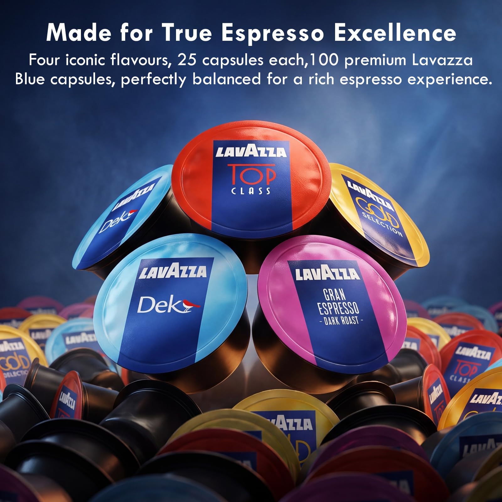 Lavazza Blue Coffee Capsules Variety Pack - 100 Count - Includes Decaf Dek, Gran Espresso, Top Class & Gold Selection - Compatible with Lavazza LB