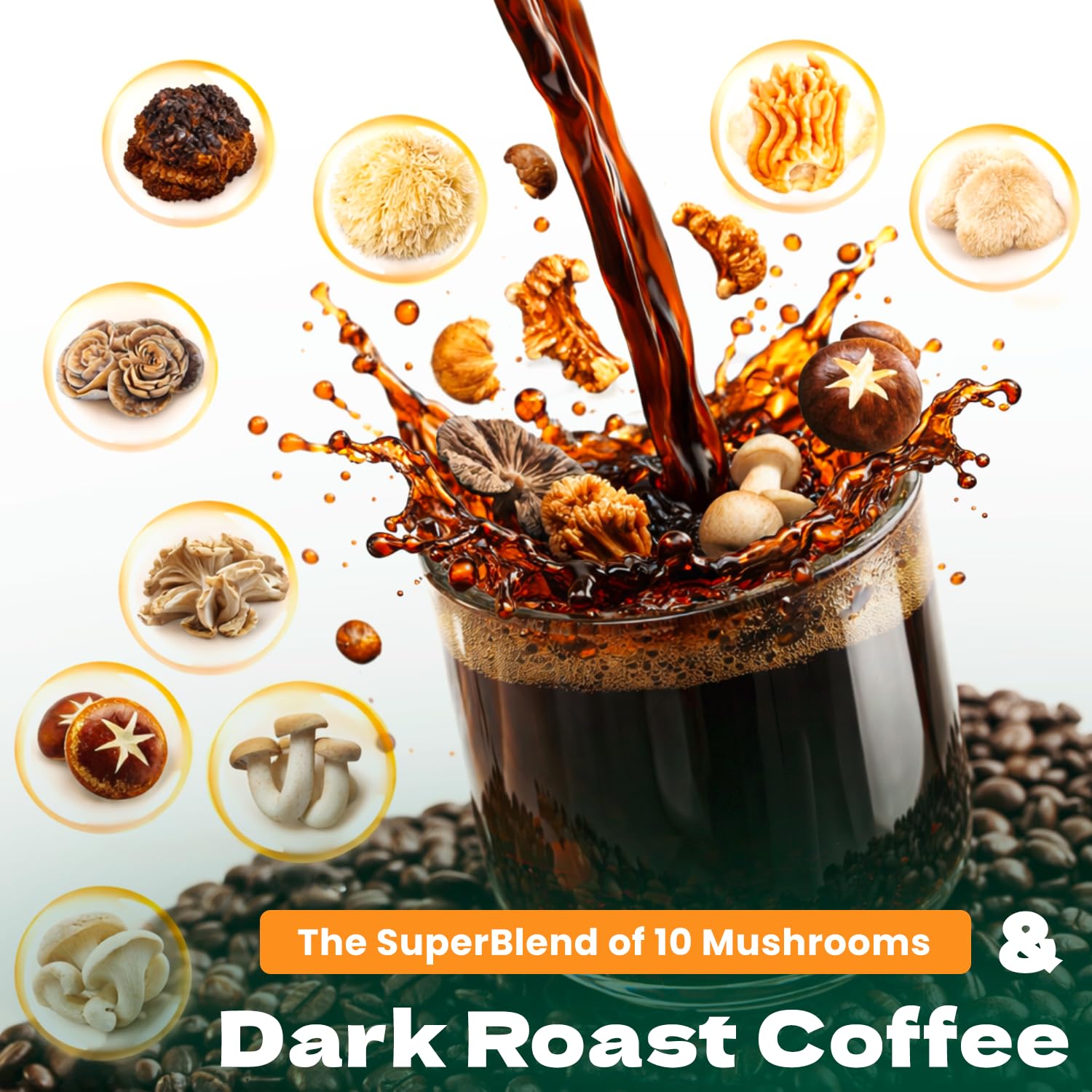 Ten Mushroom Coffee- Instant Dark Roast Coffee with 10 Organic Functional Mushrooms (Lion’s Mane, Chaga, Cordyceps, Reishi & More)- Mushroom Coffee