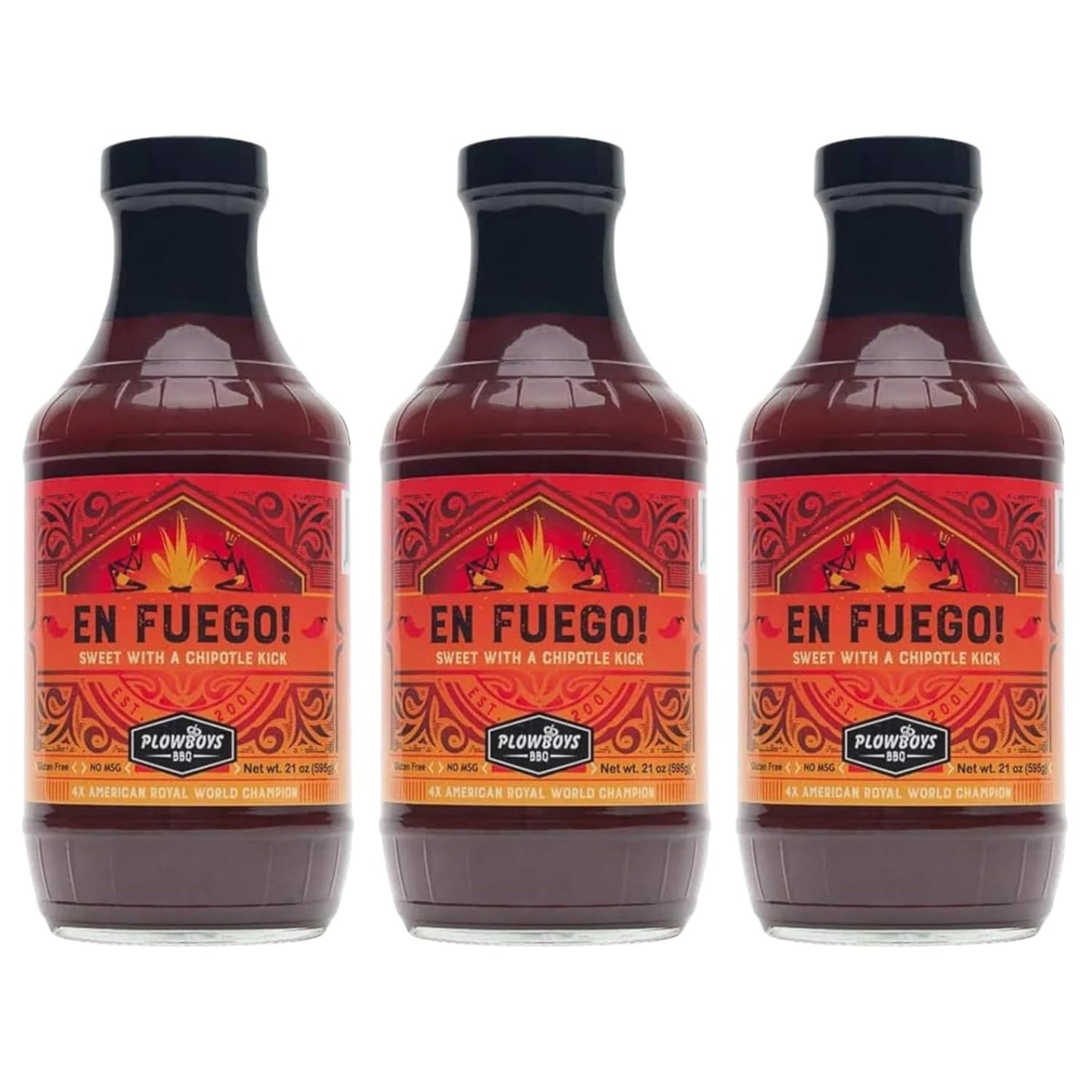 Plowboys En Fuego BBQ Sauce - Sweet & Spicy Competition Barbecue Sauce - Award-Winning KCBS Sauce for Chicken, Ribs, Pork & Beef (En Fuego, Pack of 3)