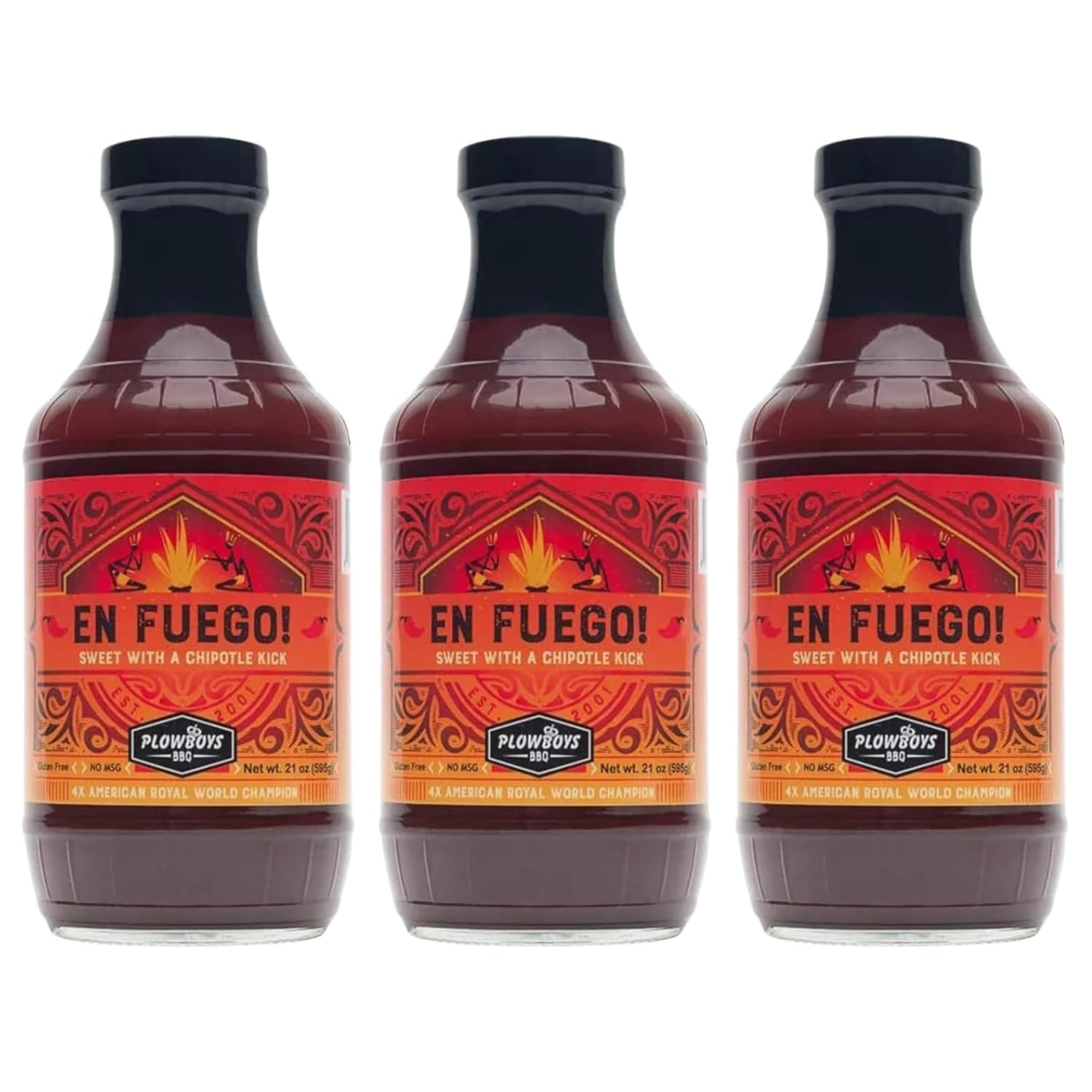 Plowboys En Fuego BBQ Sauce - Sweet & Spicy Competition Barbecue Sauce - Award-Winning KCBS Sauce for Chicken, Ribs, Pork & Beef (En Fuego, Pack of 3)