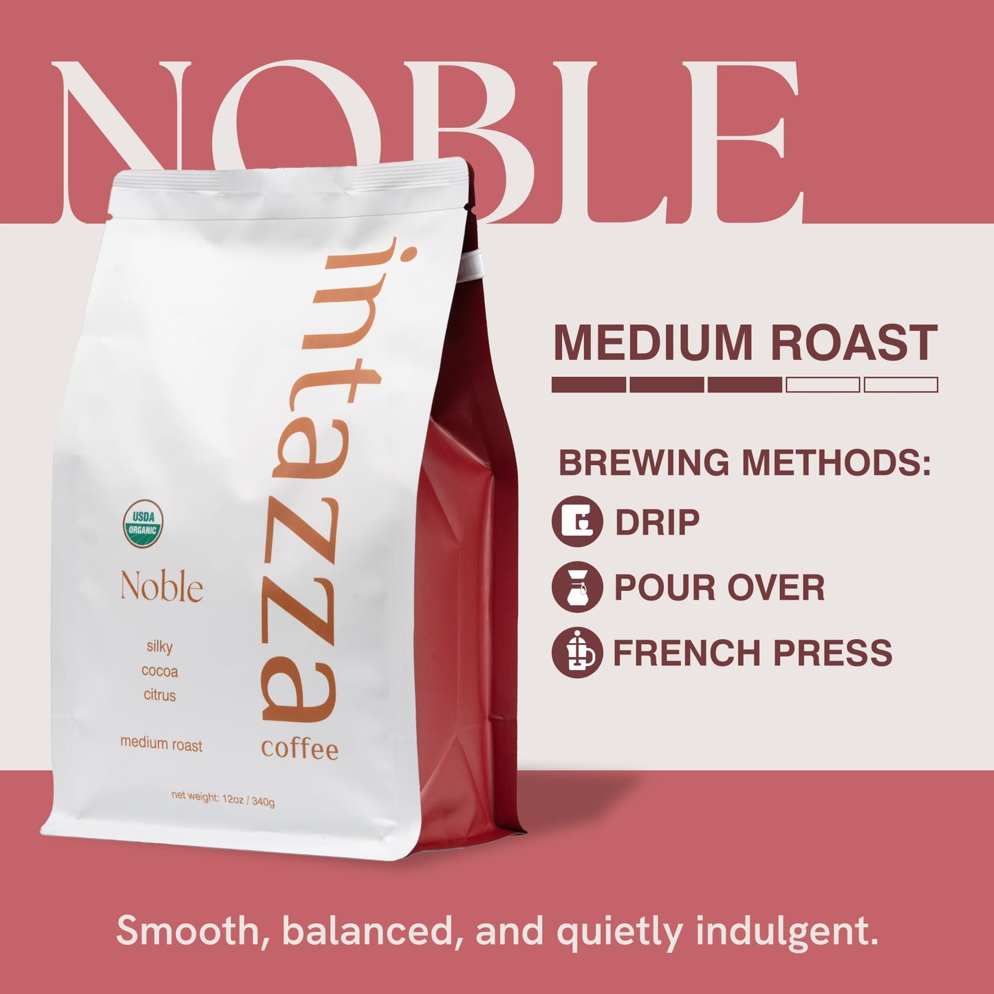 Intazza Organic Whole Bean Coffee, Noble Organic, Medium Roast Coffee Beans, Sweet And Rich Blend, Citrus Lift And Silky Cocoa Notes, Fresh Roasted In