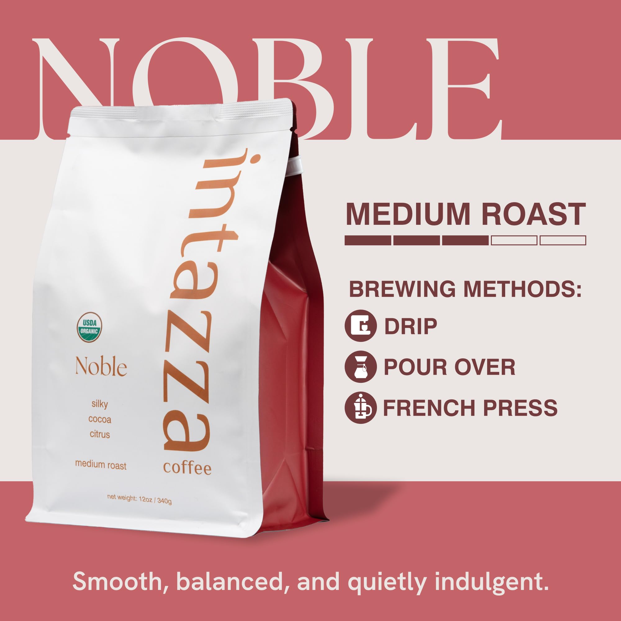 Intazza Organic Whole Bean Coffee, Noble Organic, Medium Roast Coffee Beans, Sweet And Rich Blend, Citrus Lift And Silky Cocoa Notes, Fresh Roasted In