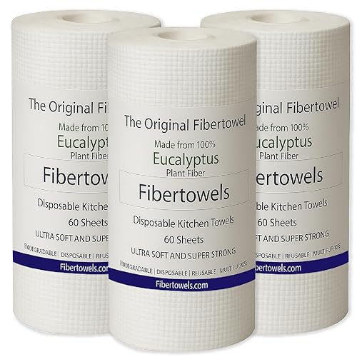 3 Pack Fibertowels Disposable Kitchen Towels Rolls XL 12" x 10", Ultrasoft & Super Strong, Eucalyptus Plant-Based Highly Absorbent Kitchen & Bathroom