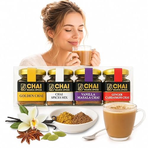 Chai Kit by Balboa Spices - 80 Servings - 4 Premium Flavors - Caffeine-Free & Sugar-Free - Natural Masala Chai Powder - Functional Beverage - Gourmet
