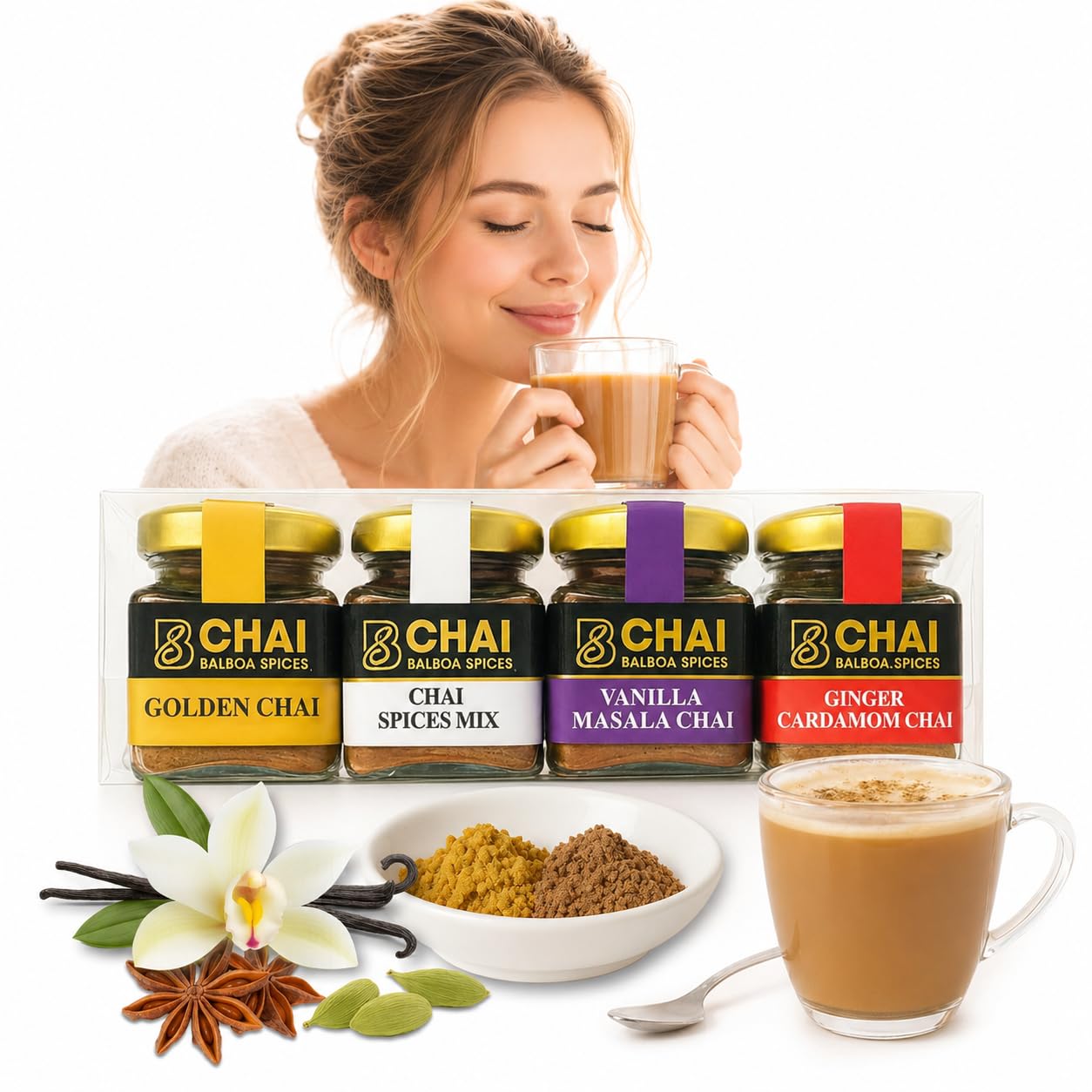 Chai Kit by Balboa Spices - 80 Servings - 4 Premium Flavors - Caffeine-Free & Sugar-Free - Natural Masala Chai Powder - Functional Beverage - Gourmet