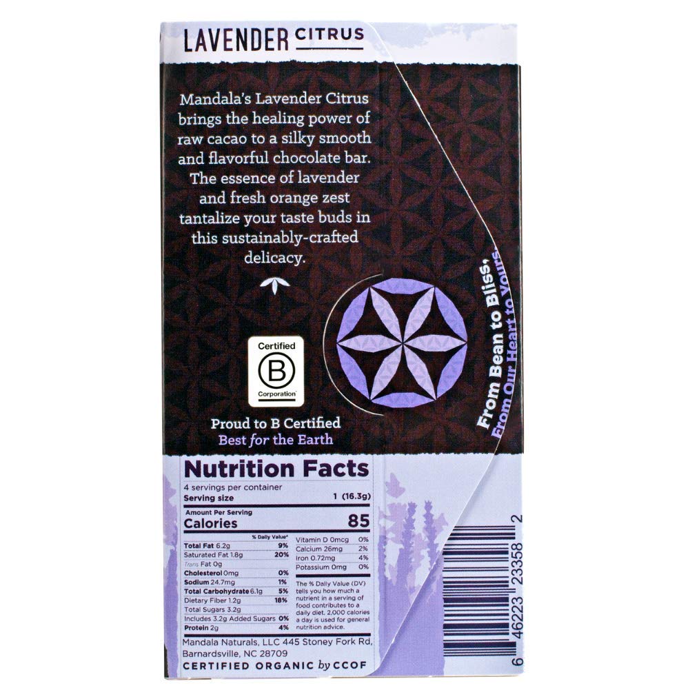 Mandala Superfood Bean-to-Bar Chocolate (2.2 oz Bar) Dairy-Free, Low Glycemic, Organic, Artisan, Vegan, Made with Real Citrus (Lavender Citrus