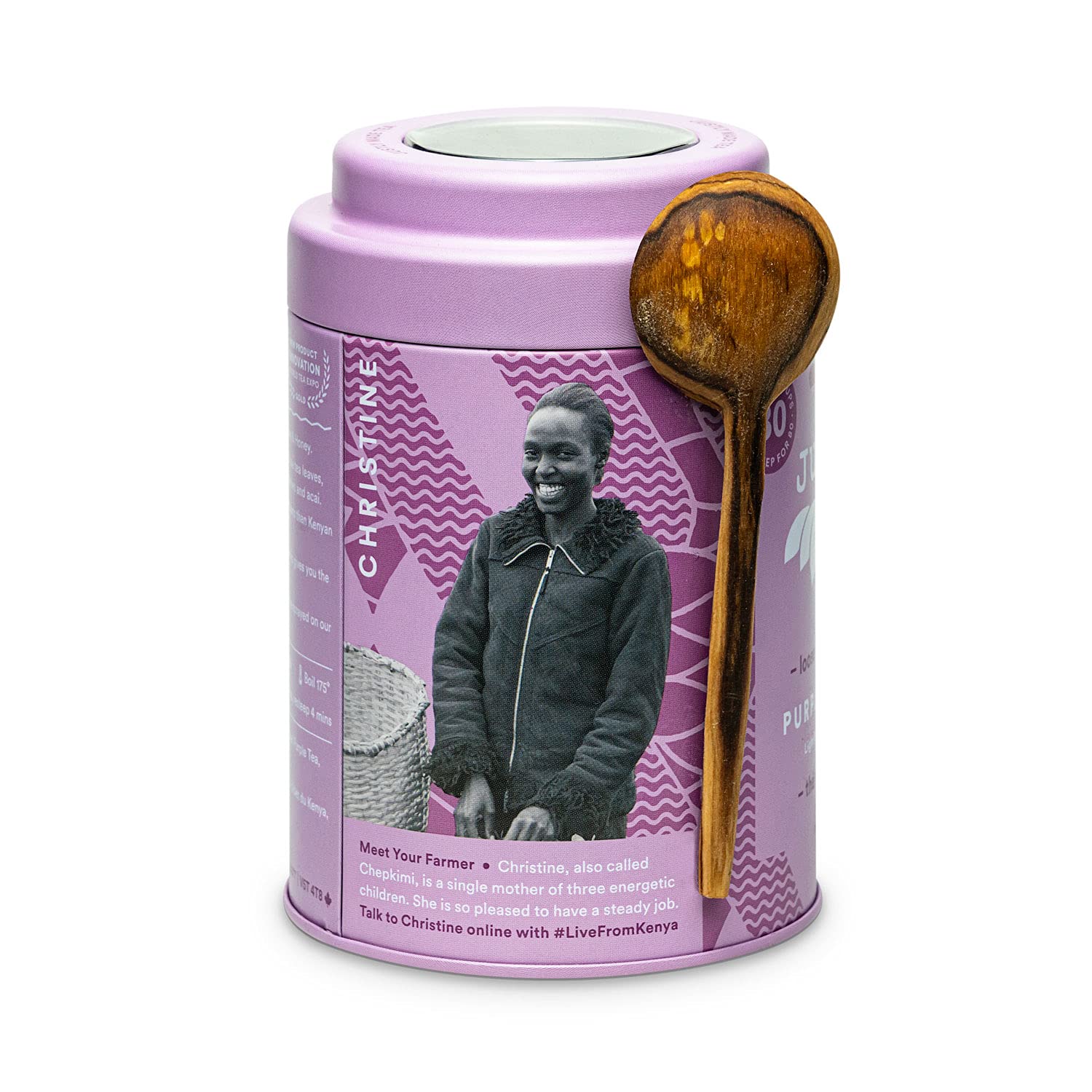 JusTea PURPLE JASMINE | Loose Leaf Purple Tea | Tin with Hand Carved Tea Spoon | 40+ Cups (3.2oz) | Low Caffeine | Award-Winning | Fair Trade |