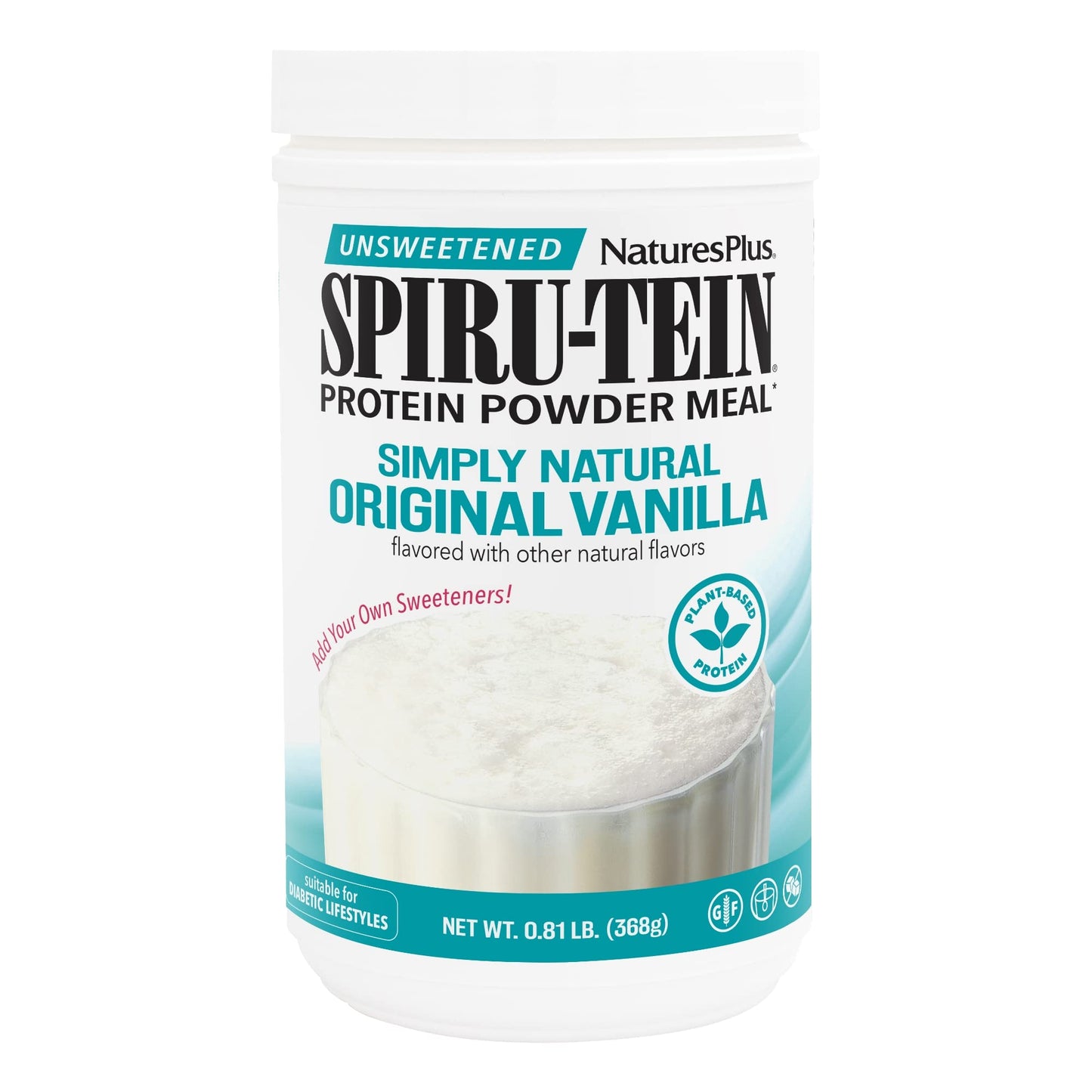 NaturesPlus SPIRU-TEIN Simply Natural, Original Vanilla - 0.81 lb - Unsweetened Plant-Based Protein Shake - Non-GMO, Vegetarian, Gluten Free - 16