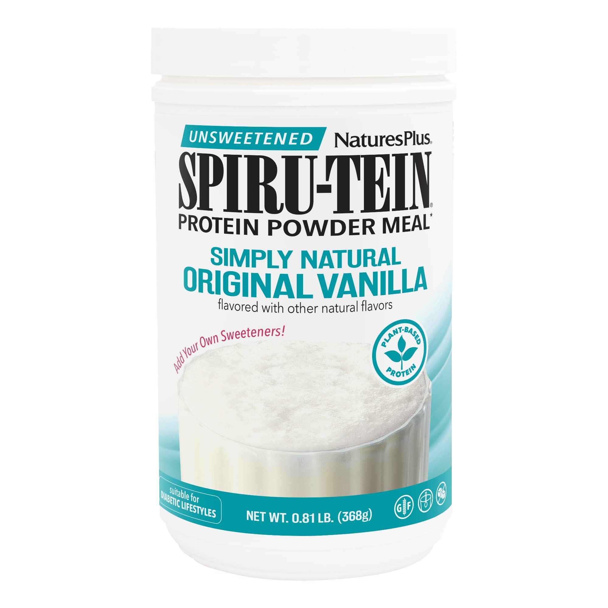 NaturesPlus SPIRU-TEIN Simply Natural, Original Vanilla - 0.81 lb - Unsweetened Plant-Based Protein Shake - Non-GMO, Vegetarian, Gluten Free - 16