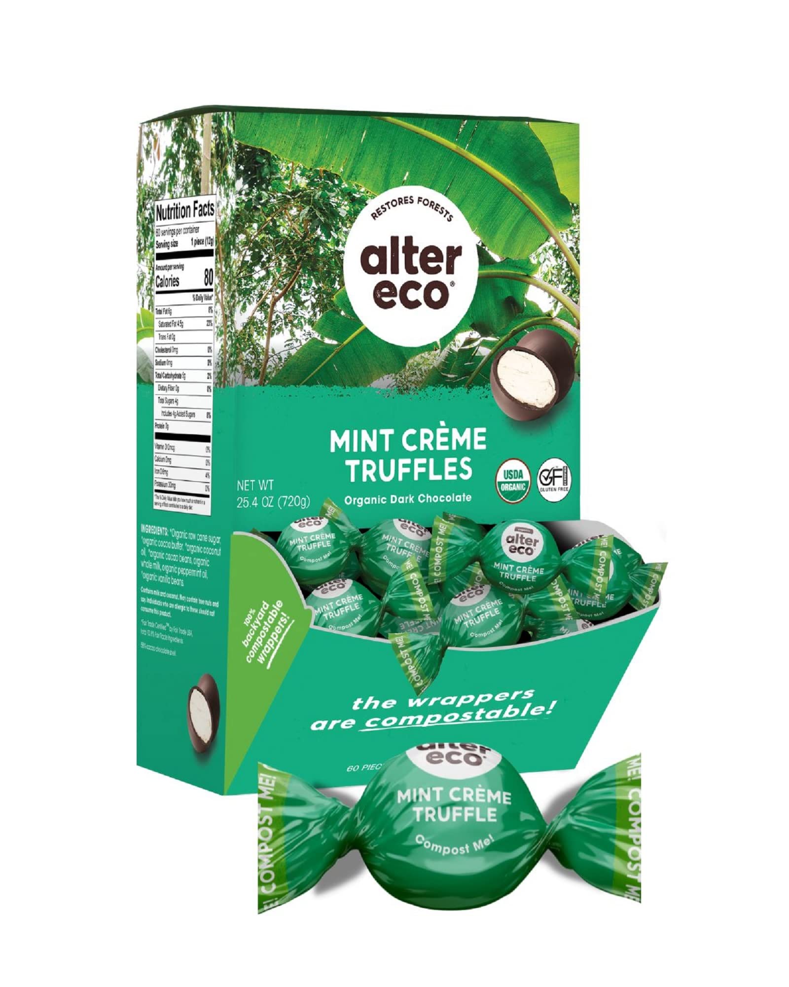 Alter Eco | Mint Creme Truffles | 58% Pure Dark Cocoa, Fair Trade, Organic, Non-GMO, Gluten Free Dark Chocolate Truffles | 60 Truffles