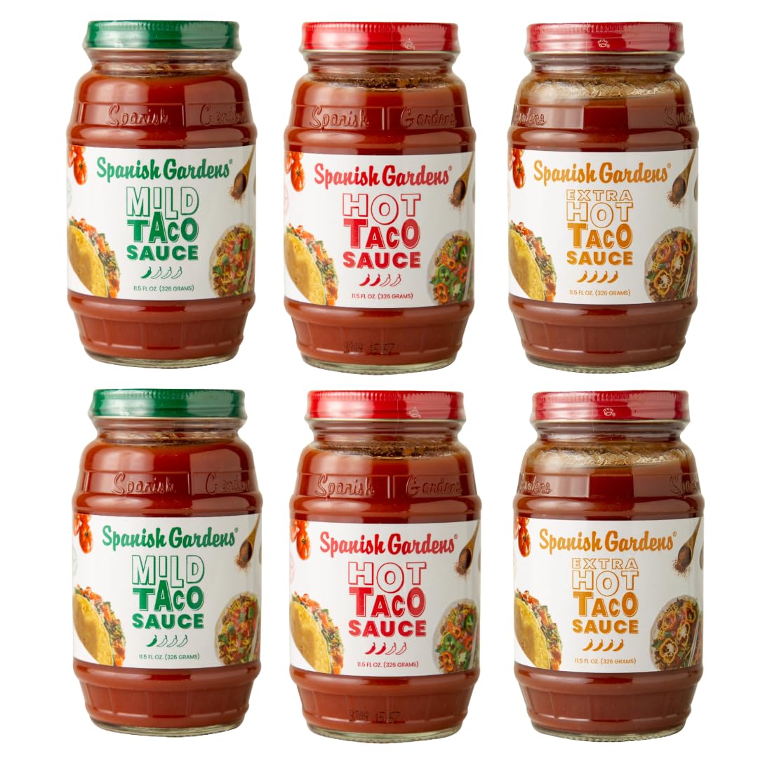 Spanish Gardens Taco Sauce Variety Pack (6 Pack) - Mild, Hot & Extra Hot Sauce Made with Tomatoes, Peppers, Onion & Garlic - Original Family Recipe