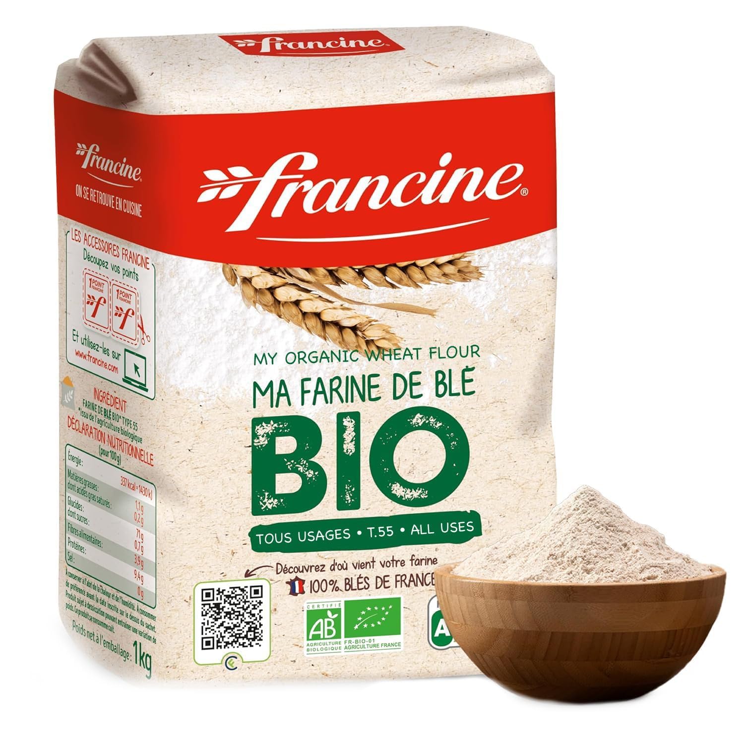 Francine Organic Wheat Flour, T55 Bio French Flour from France with Lower Gluten Content, Makes Great Breads, Pastries and Desserts, 35.3oz/1 kg (Pack