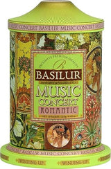 Basilur | Romantic Music Tin | Music Concert Collection | Pure Ceylon Green Tea with pineapple, rose petals, and flavors coffee & vanilla | Metal