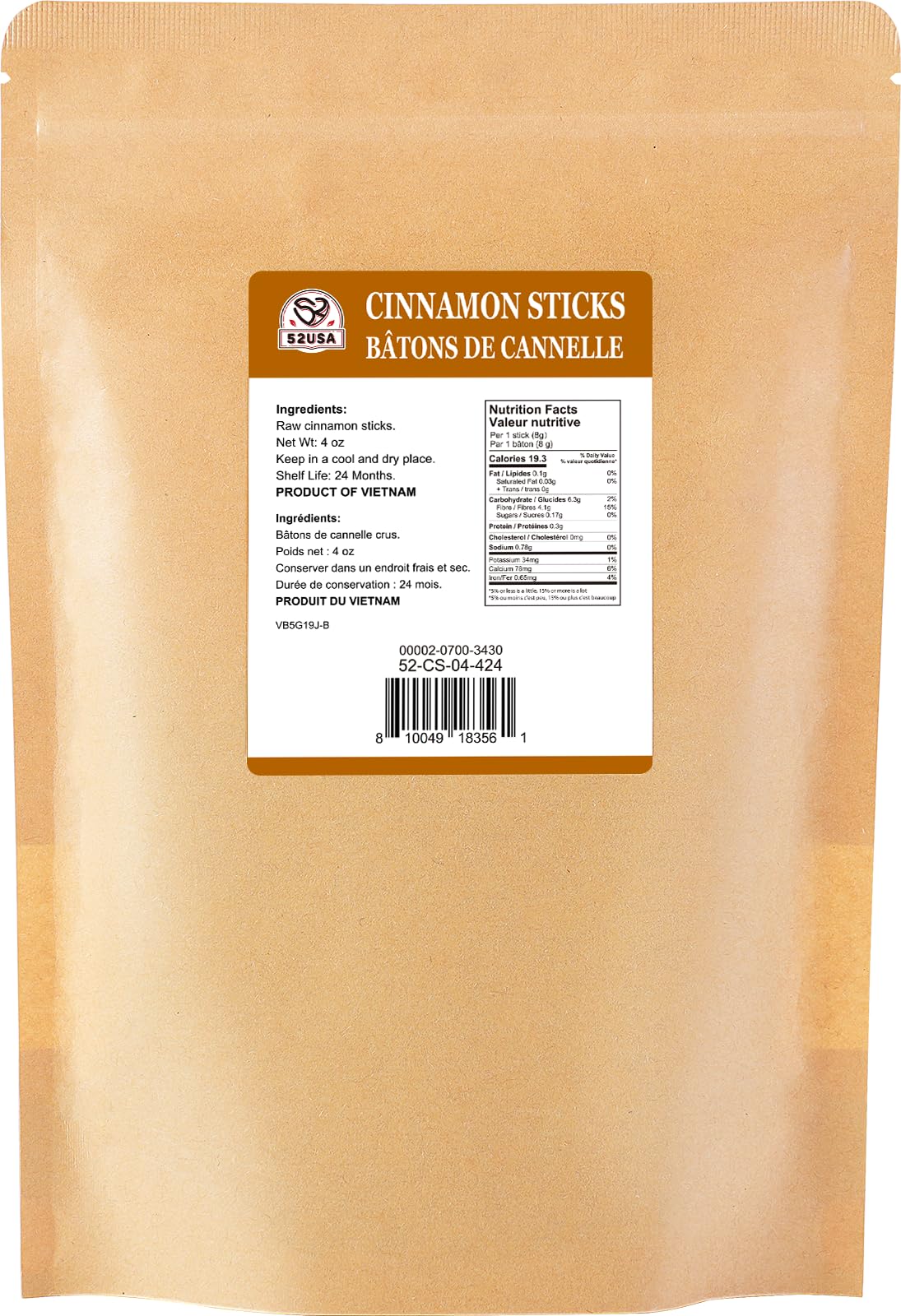 52USA Cinnamon Sticks, Cinnamon 4 oz (113g), Whole Cinnamon Sticks, 100% Raw, Kosher Certified, Gluten Free, Pure & Fresh Cinnamon, Perfect for