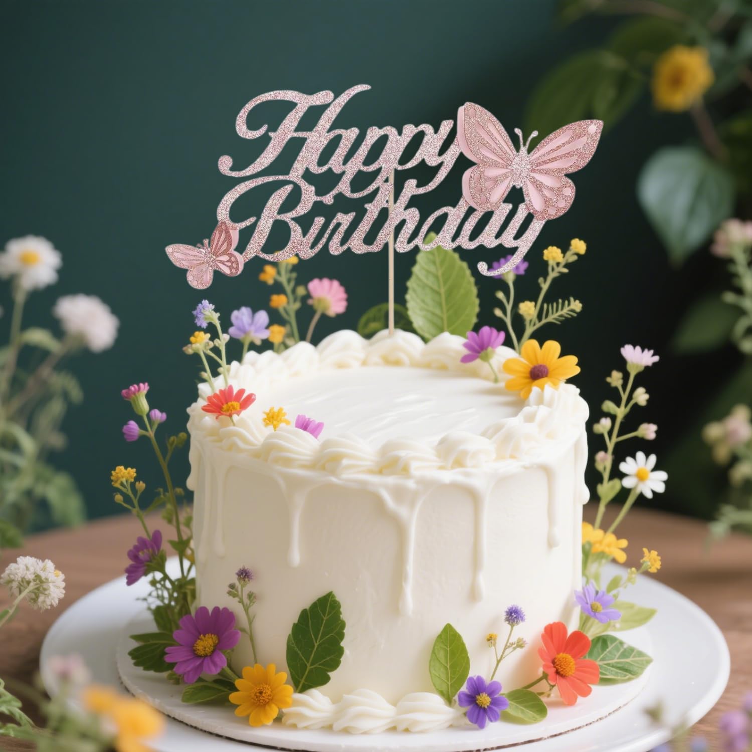 ALISSAR Rose Gold Happy Birthday Cake Topper with 3d Handmade Butterfly, Butterfly Cake Toppers for Girls Women's Birthday Cake Party Decorations