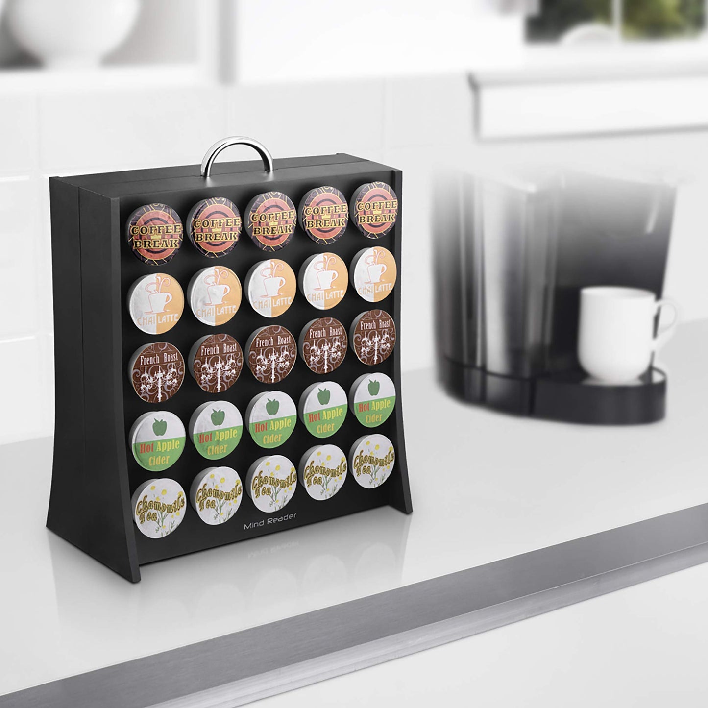 Mind Reader Single Serve Coffee Pod Storage, 50 Coffee Pod Capacity, Countertop, Double-Sided, 12"L x 4"W x 14"H, Black