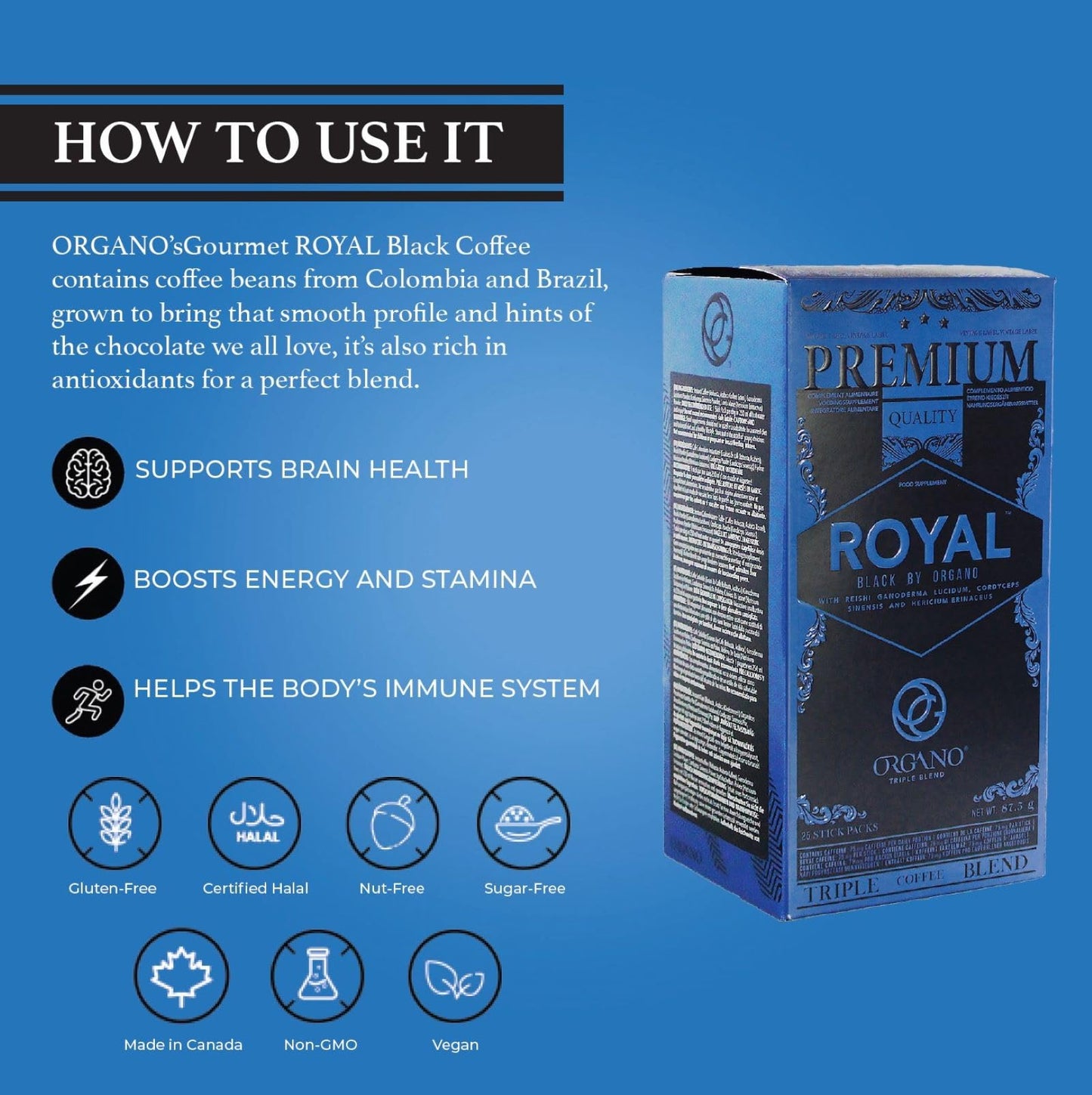 2 Boxes ORGANO Royal Black Medium Dark Roast Instant coffee. Infused with Triple Mushroom Blend, Ganoderma, Cordyceps and Lion's Mane. Aromatic