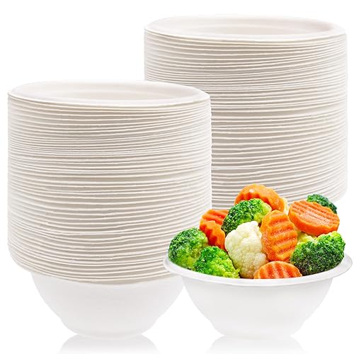 Hamiggaa 100 Pcs 8oz Disposable Paper Bowls - Natural Compostable White Heavy-Duty Bagasse for Parties, Catering and Everyday Use