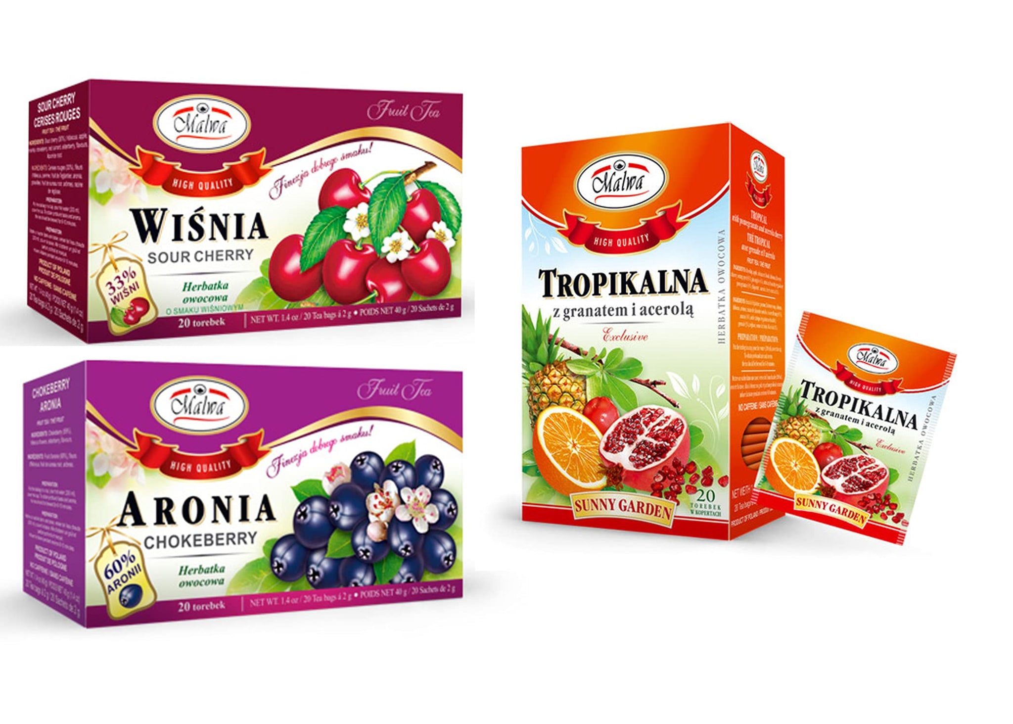 MALWA TEA VARIETY PACK CHERRY, TROPICAL FRUITS, CHOKEBERRY 3PACK (1.4oz) MIX HERBAT WISNIA TROPIKALNA ARONIA