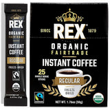 Rex Coffee Organic Fairtrade Freeze-Dried Instant Coffee Sticks, Medium Roast Arabica, 25 Single-Serve Packs, Lab Tested for Mold, Mycotoxins, Heavy