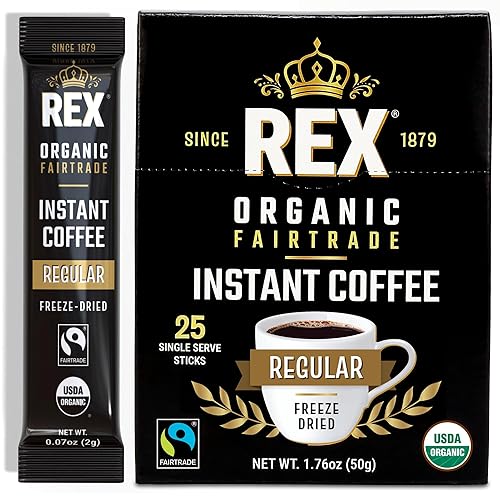 Rex Coffee Organic Fairtrade Freeze-Dried Instant Coffee Sticks, Medium Roast Arabica, 25 Single-Serve Packs, Lab Tested for Mold, Mycotoxins, Heavy