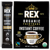Rex Coffee Organic Fairtrade Freeze-Dried Instant Coffee Sticks, Medium Roast Arabica, 25 Single-Serve Packs, Lab Tested for Mold, Mycotoxins, Heavy
