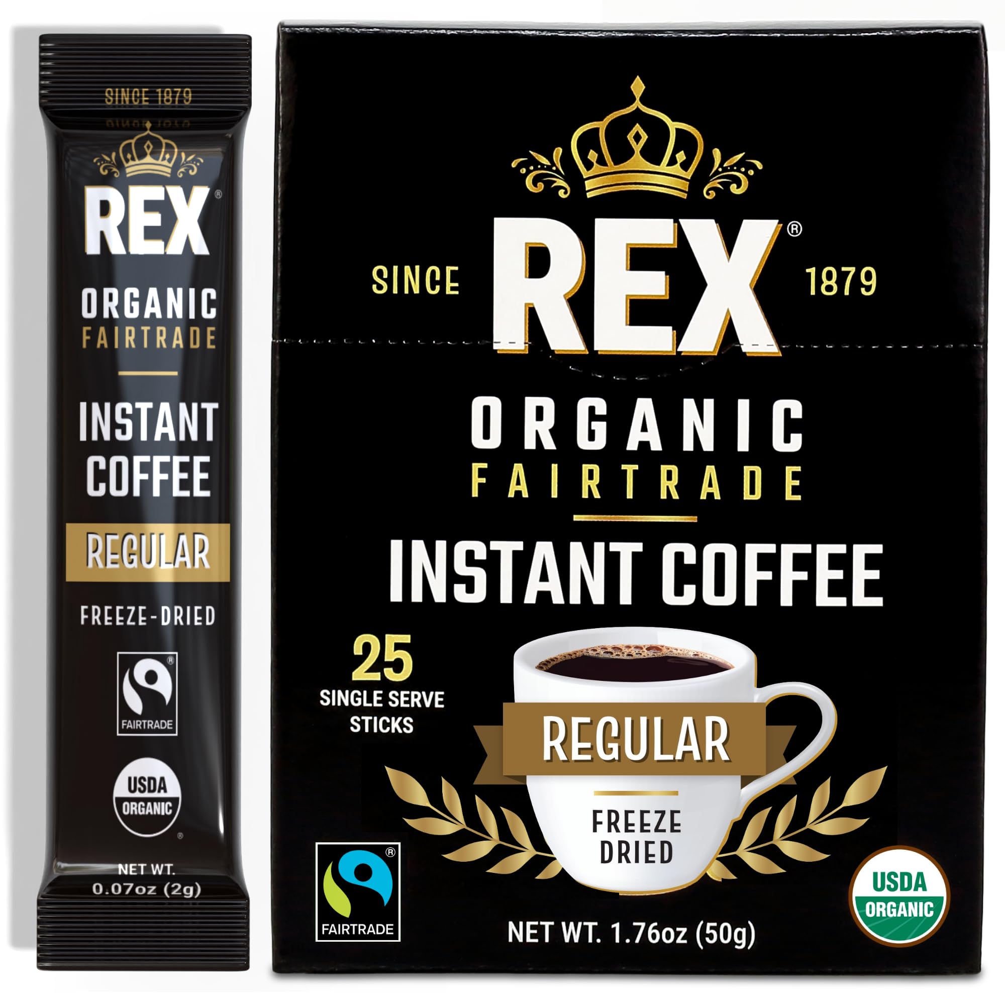 Rex Coffee Organic Fairtrade Freeze-Dried Instant Coffee Sticks, Medium Roast Arabica, 25 Single-Serve Packs, Lab Tested for Mold, Mycotoxins, Heavy