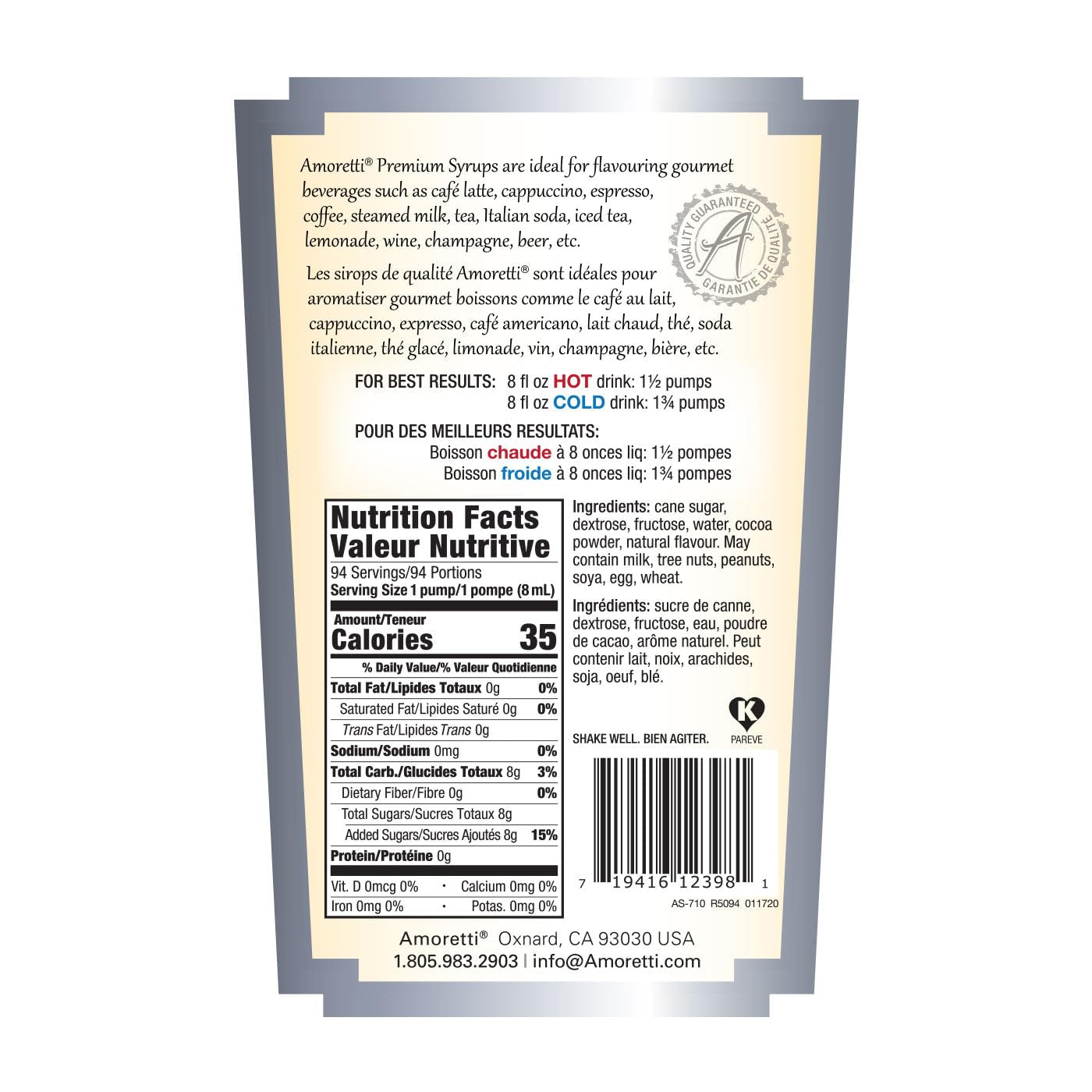 Amoretti - Premium Crema di™ Chocolate Syrup, 94 Servings Per Bottle (750 ml), with Pump for Flavoring Coffees, Cocktails, and other Beverages, Gluten