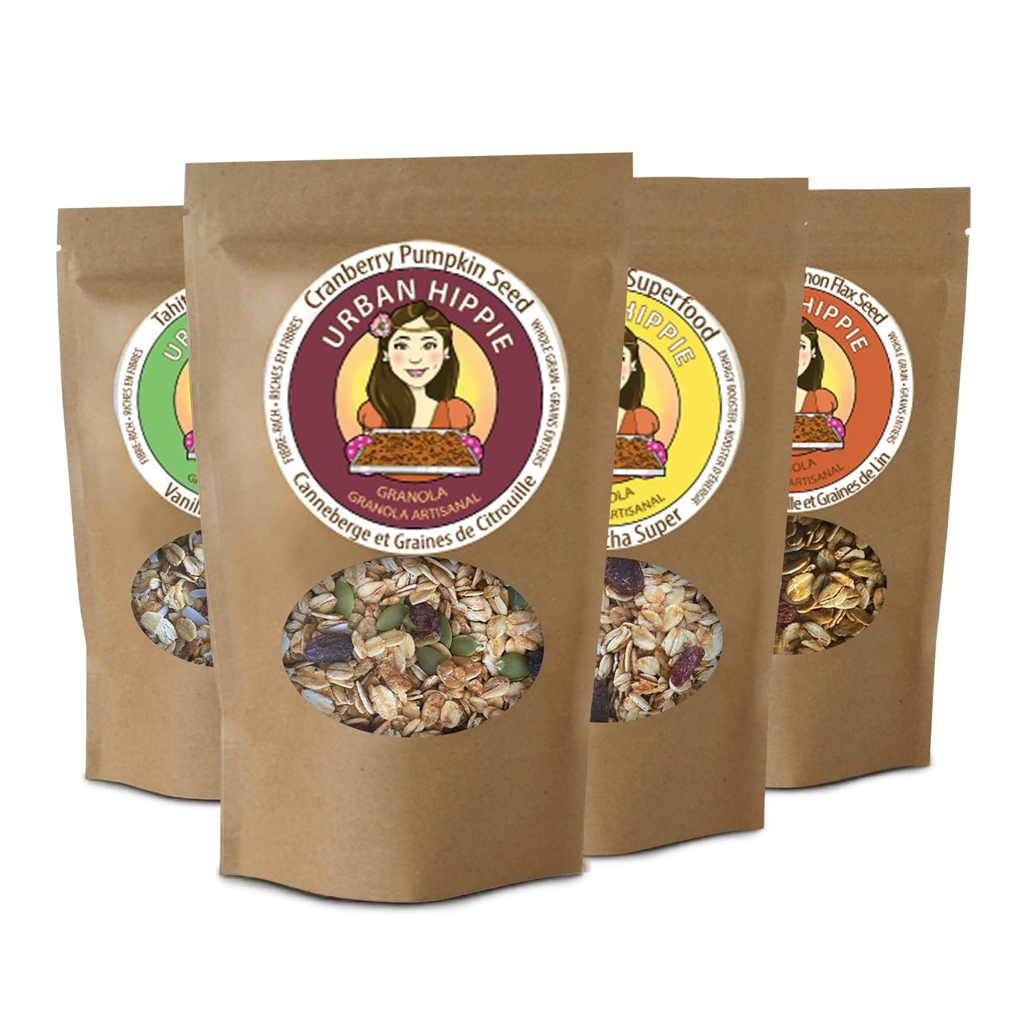 Urban Hippie Granola - Variety Pack of 1 Maca Matcha Superfood, 1 Tahitian Vanilla Coconut, 1 Vanilla and Cinnamon Flax Seed Granola, 1 Cranberry