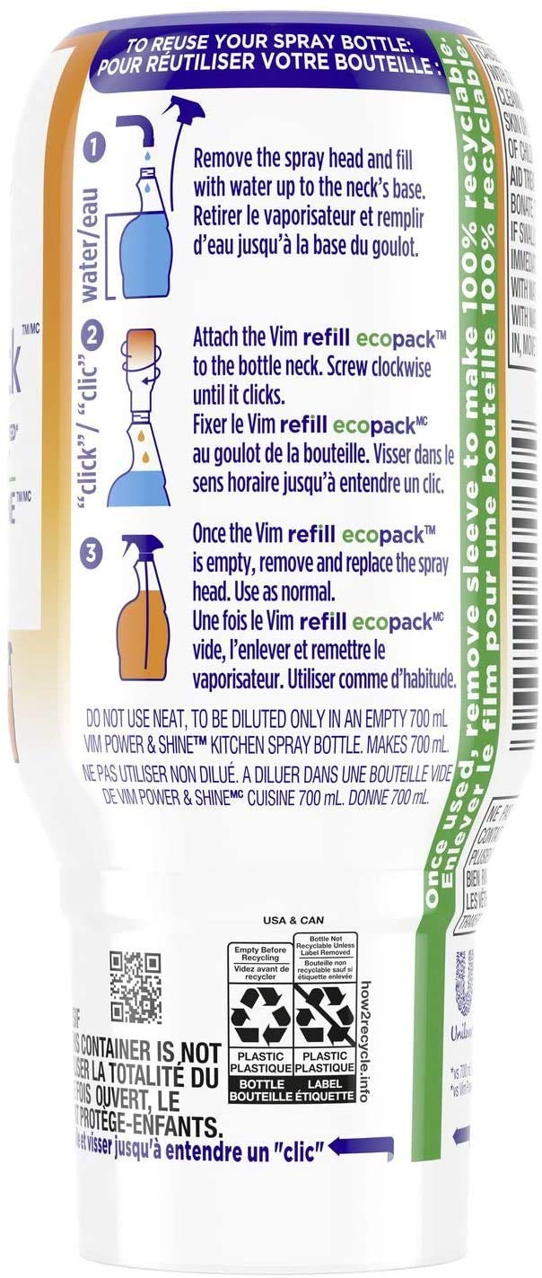 Vim Refill EcoPack Power & Shine Kitchen 10x Concentrated to Reuse Your Spray Bottle for Tough Grease and Streak Free Shine 70 mL