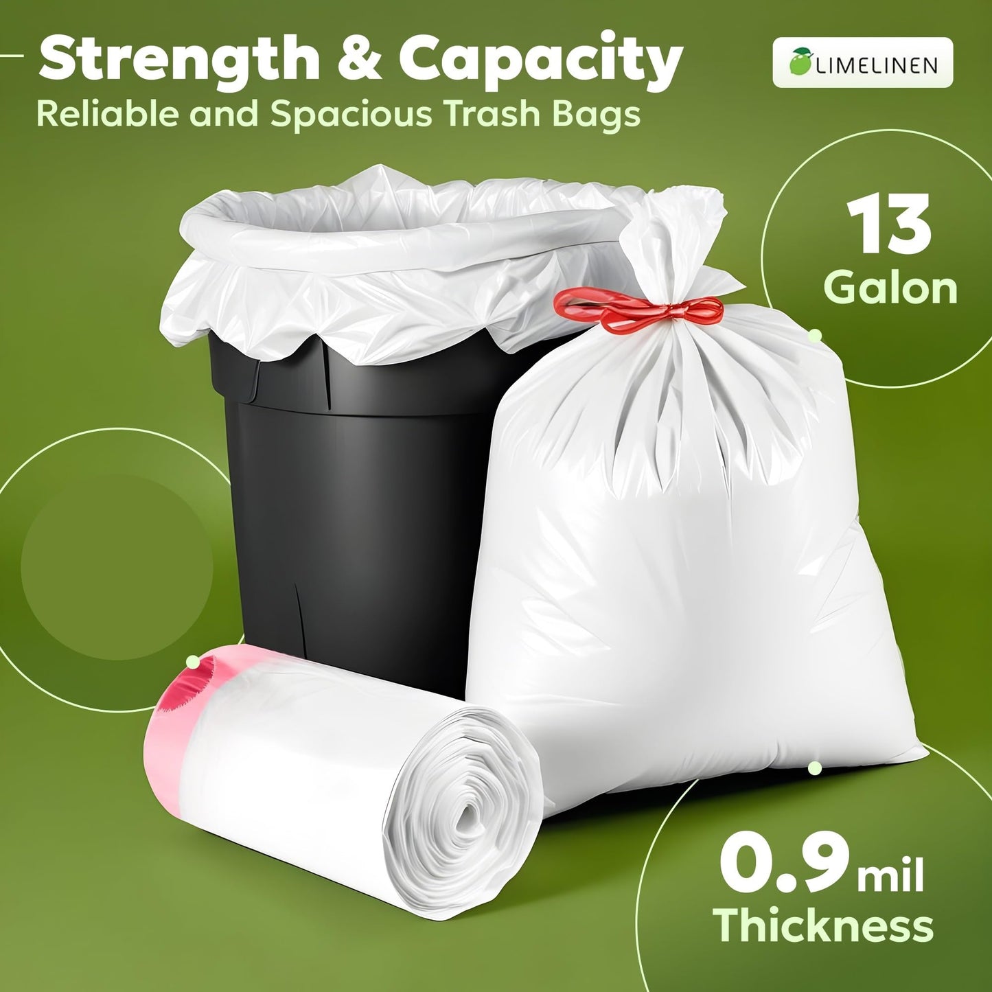 LIMELINEN Tall Kitchen Trash Bags with Drawstring, 200 Count, 13-gallon Trash Bag of 0.9 mil Thickness, Leak and Odor-Resistant, Heavy-Duty Plastic