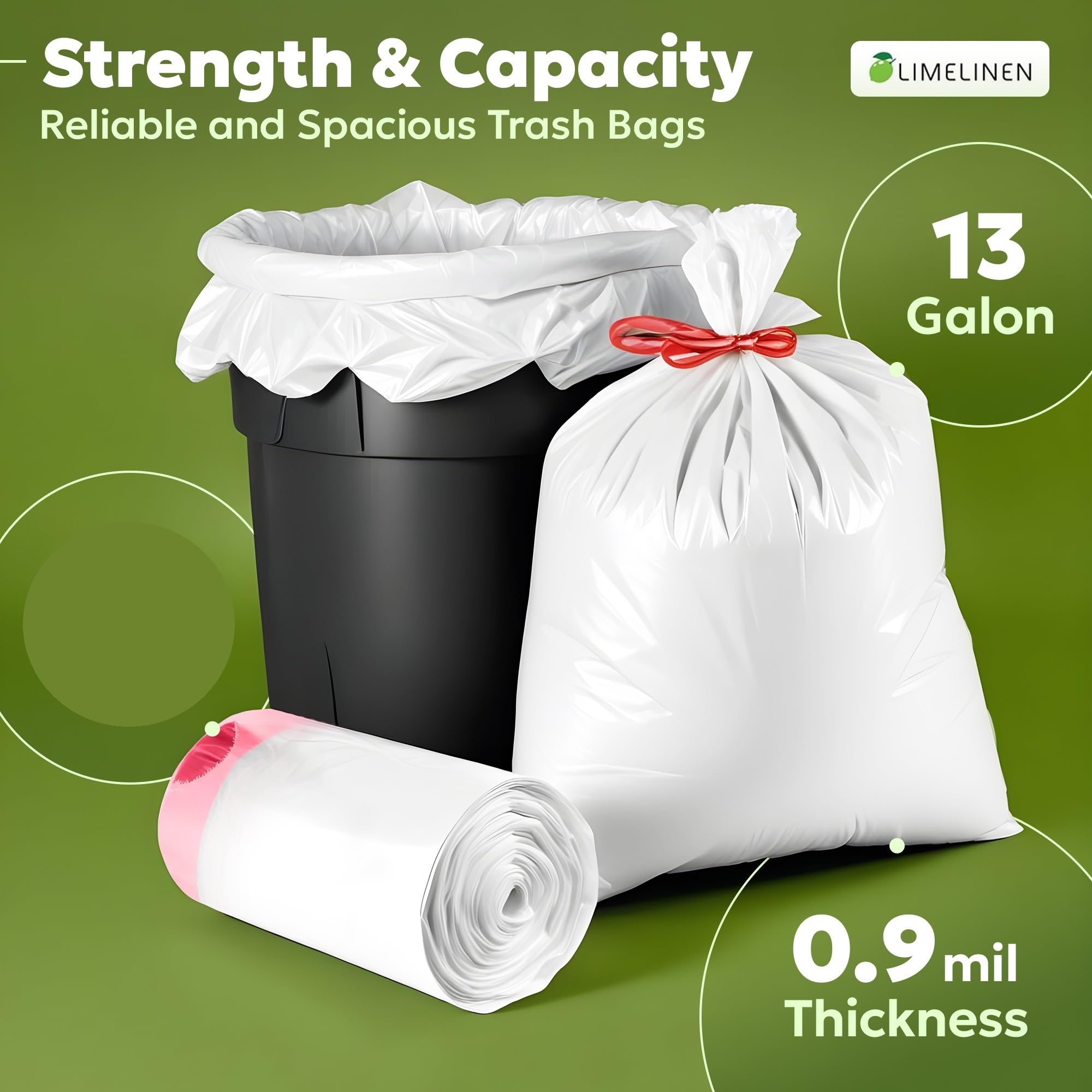 LIMELINEN Tall Kitchen Trash Bags with Drawstring, 200 Count, 13-gallon Trash Bag of 0.9 mil Thickness, Leak and Odor-Resistant, Heavy-Duty Plastic