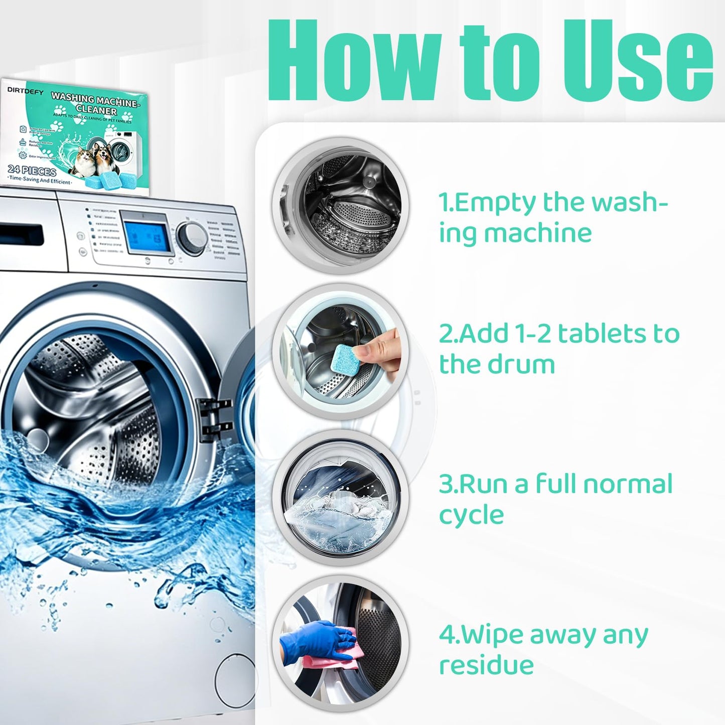 DIRTDEFY Washing Machine Cleaner Tablets, Deep Descaler Removes Pet Hair, Urine, Odor & Residue, 24 Septic-Safe Tablets for Top Load, Front Load & HE