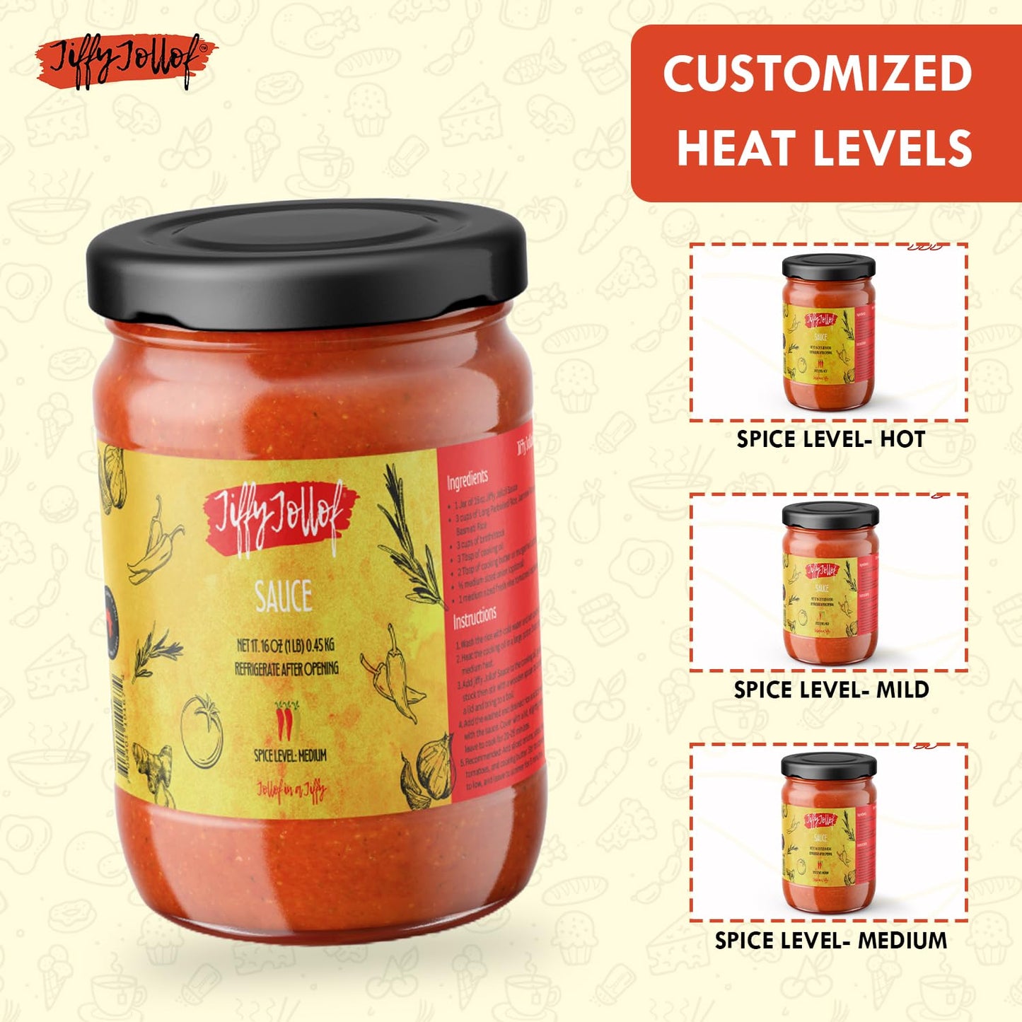 Jiffy Jollof Sauce, Authentic Nigerian Tomato Pepper Blend for One-Pot Meals, Pasta, Roasted Bell Pepper Stew, Hot Cooking Sauce, 16oz Food Jar (Mild)