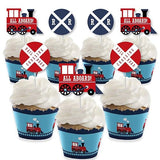 Big Dot of Happiness Railroad Party Crossing - Cupcake Decoration - Steam Train Birthday Party or Baby Shower Wrappers and Treat Picks Kit - Set of 24