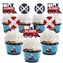 Big Dot of Happiness Railroad Party Crossing - Cupcake Decoration - Steam Train Birthday Party or Baby Shower Wrappers and Treat Picks Kit - Set of 24