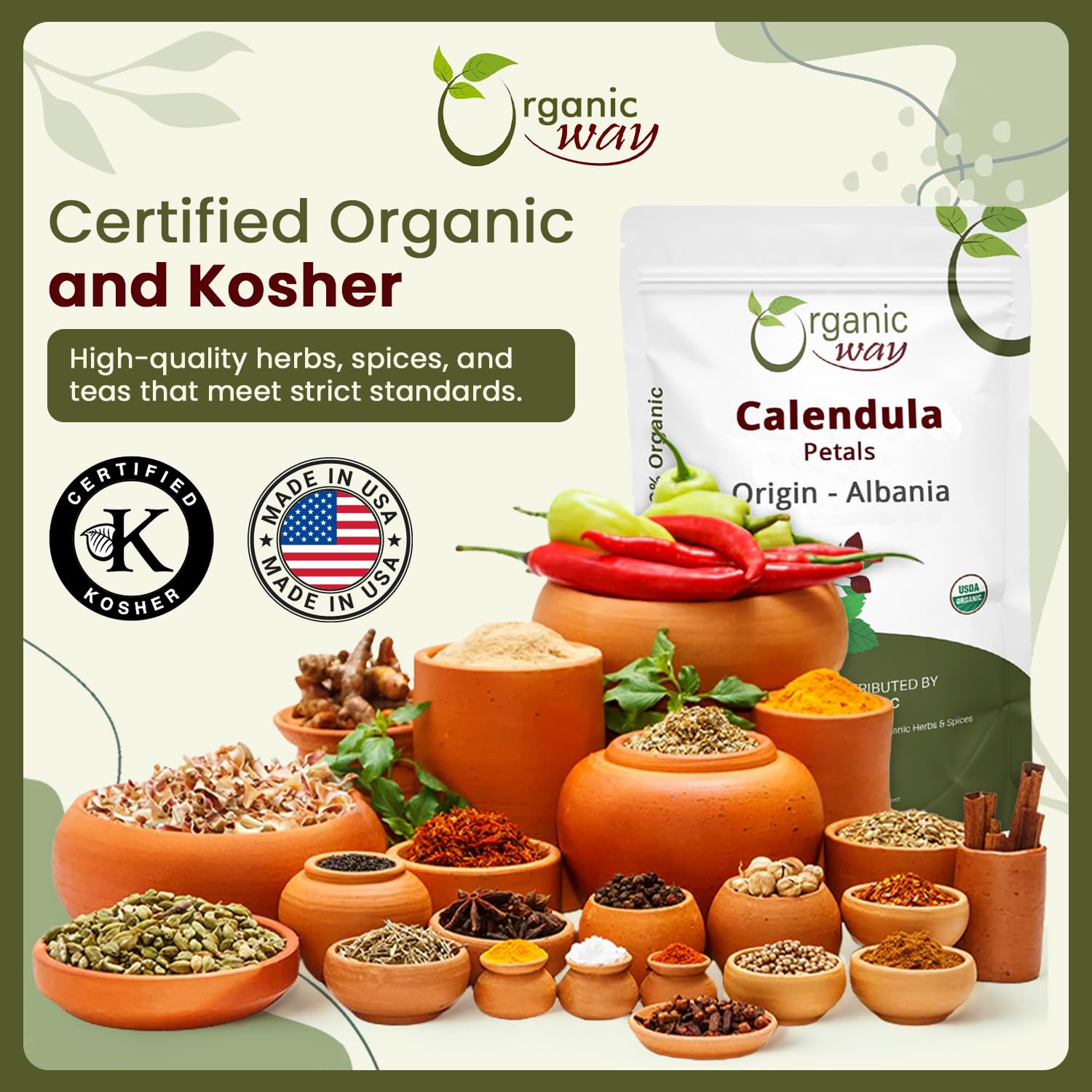 Organic Way Dried Calendula Petals | Herbal Tea (Calendula officinalis) - European Wild-Harvest | Organic & Kosher Certified | USDA Certified | Origin